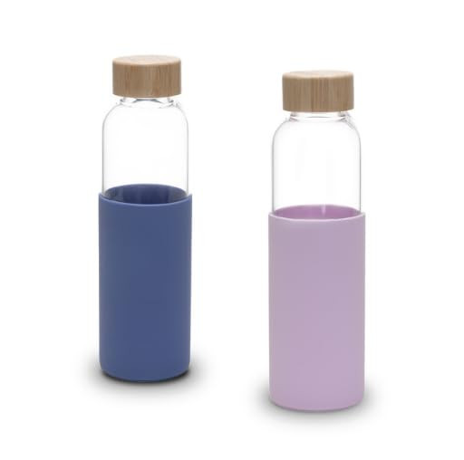 Kuber Industries Water Bottle | Glass Bottle | Sleeve Protection Bottle | Bamboo Lid Water Bottle | Travel Round Bottle | XB5501-PURP-Blue | 550 ML | Set of 2 | Purple-Blue