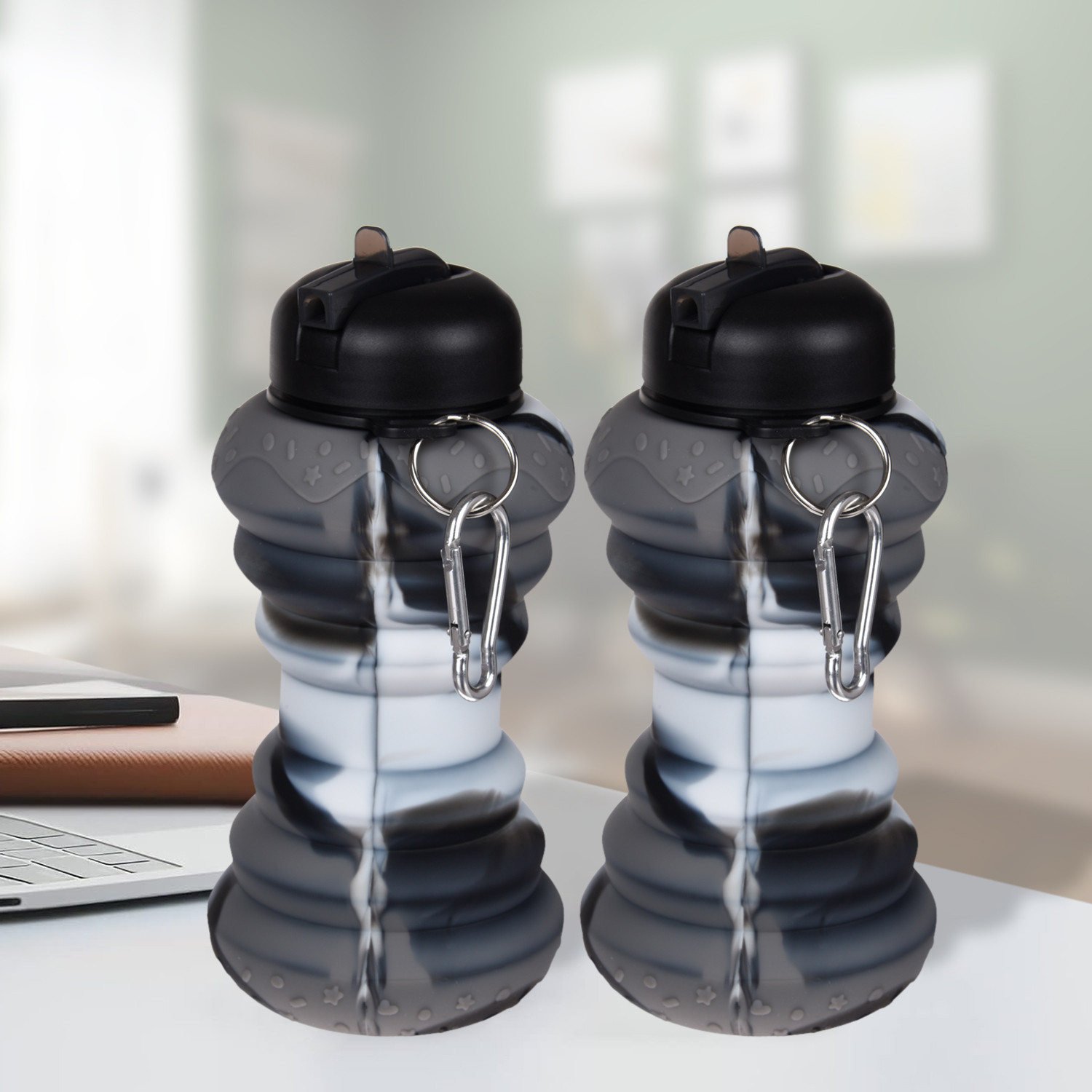 Kuber Industries Water Bottle | Silicone School Water Bottle | Expandable Water Bottle | Flip Cap Water Bottle | Gym Water Bottle | Sports Water Bottle | 600 ML | Black