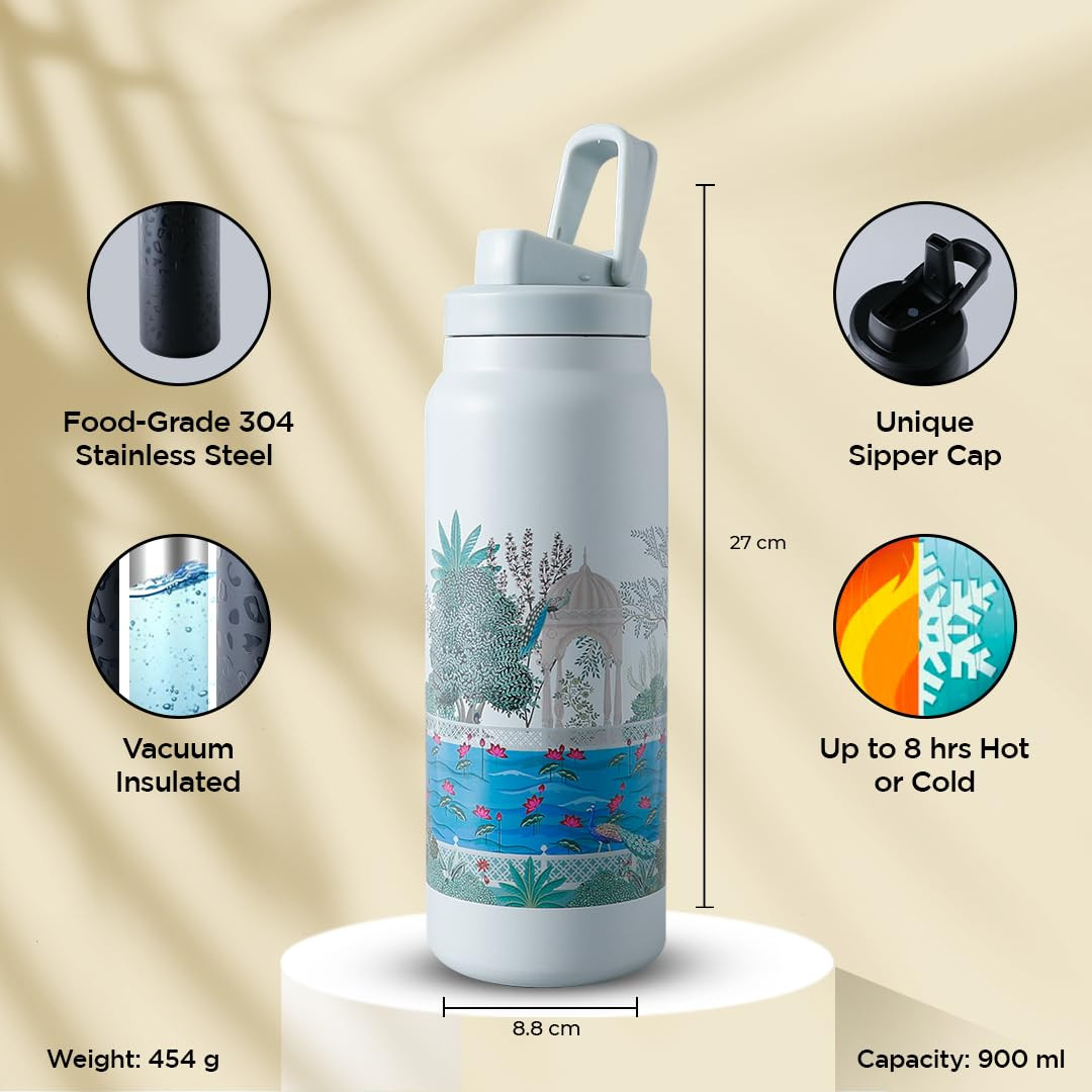Kuber Industries Water Bottle | Vacuum Insulated Travel Bottle | Gym Water Bottle | Hot & Cold Water Bottle | Printed Bottle with Sipper Cap | DA230807 | 900 ML | Gray