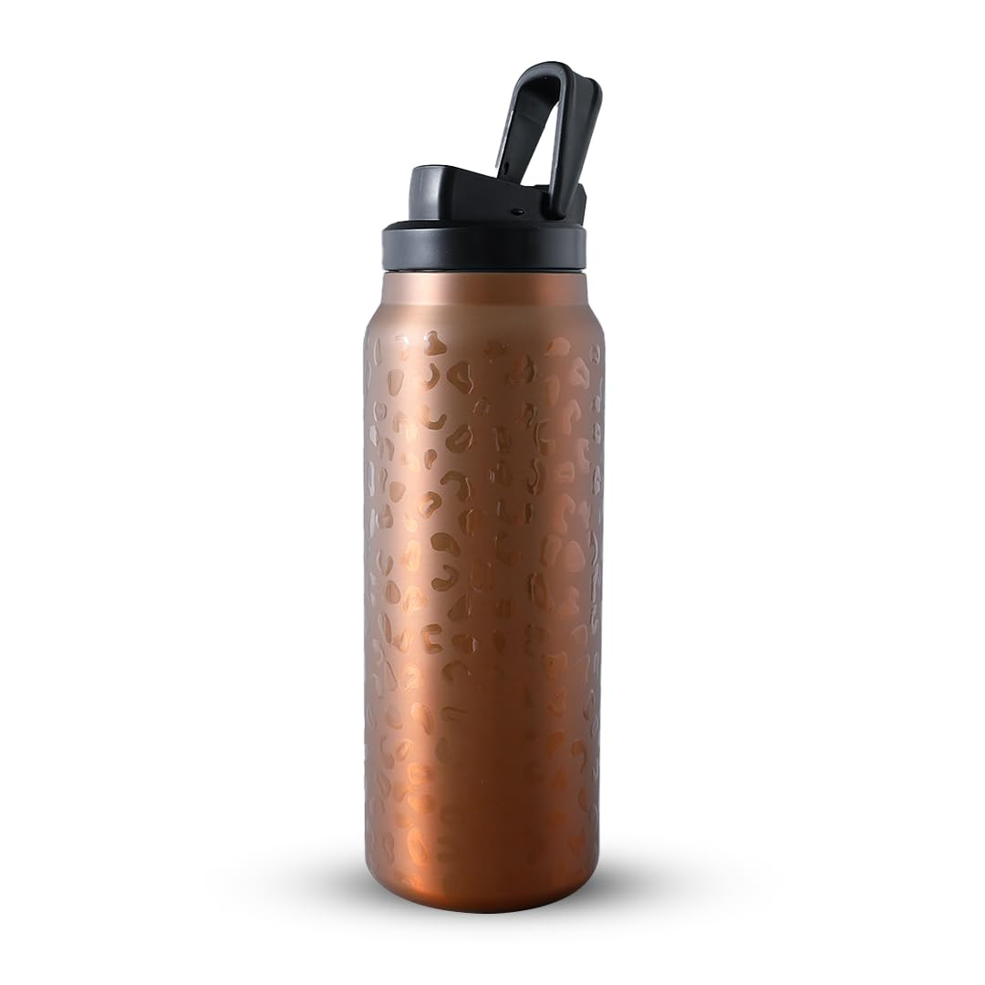 Kuber Industries Water Bottle | Vacuum Insulated Travel Bottle | Gym Water Bottle | Hot & Cold Water Bottle | Leopard-Print Bottle with Sipper Cap | DA230805 | 900 ML | Golden