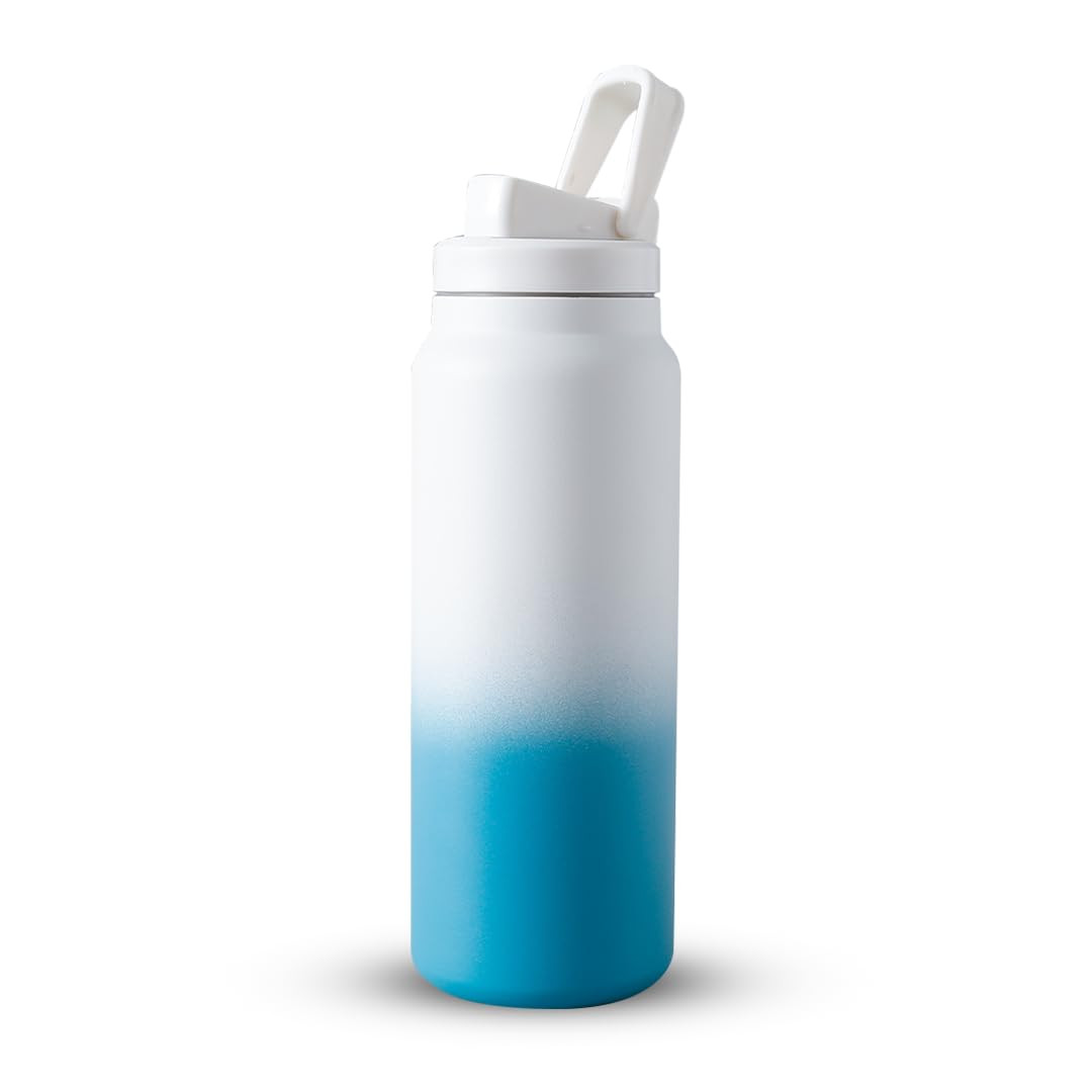 Kuber Industries Water Bottle | Vacuum Insulated Travel Bottle | Gym Water Bottle | Hot & Cold Water Bottle | Water Bottle with Sipper Cap | DA230803 | 900 ML | White & Blue