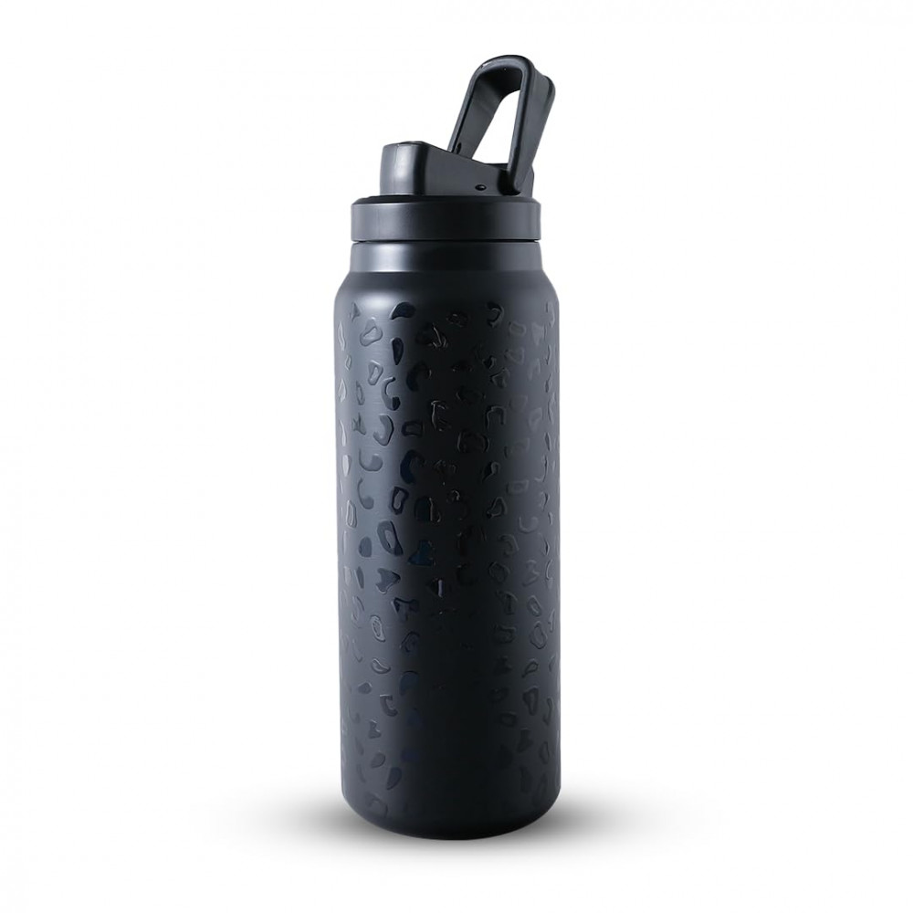Kuber Industries Water Bottle | Vacuum Insulated Travel Bottle | Gym Water Bottle | Hot &amp; Cold Water Bottle | Leopard-Print Bottle with Sipper Cap | DA230806 | 900 ML | Black