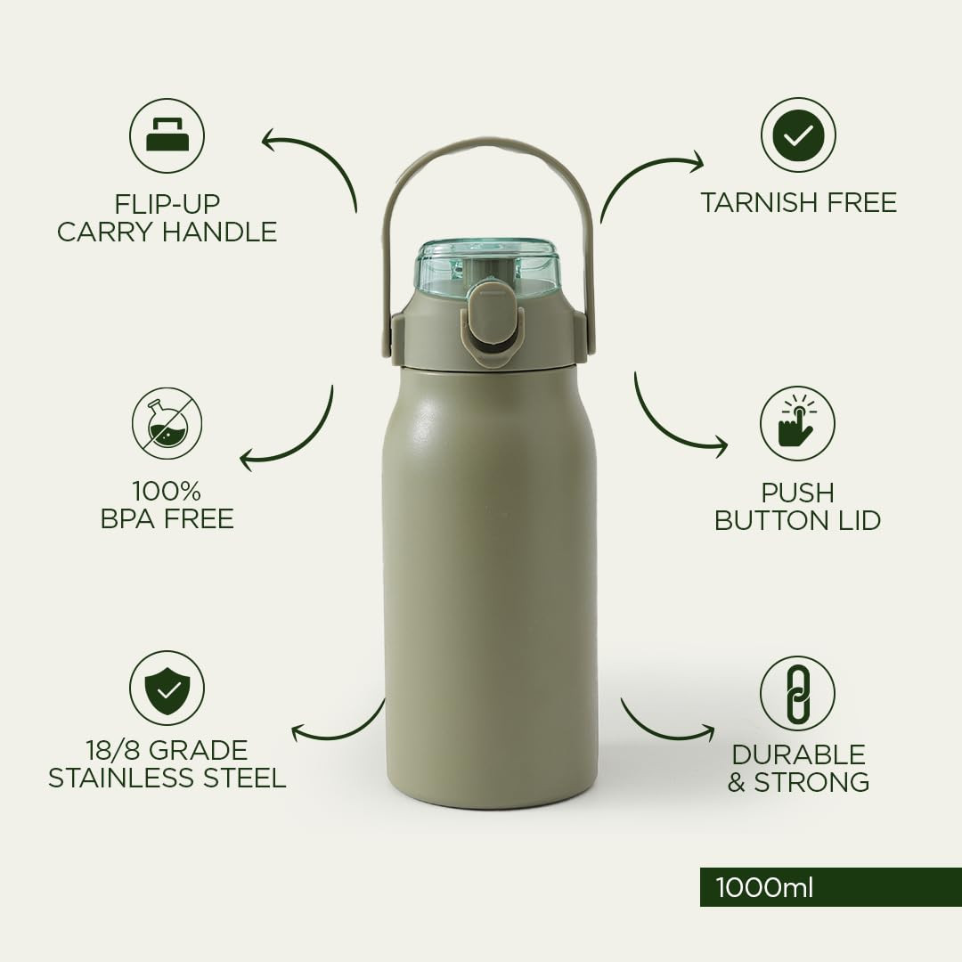 Kuber Industries Water Bottle | Vacuum Insulated Travel Bottle | Hot & Cold Water Bottle | Sipper Lid & Handle Water Bottle | 1000 ML | Pack of 2 | HH-22111D | Green