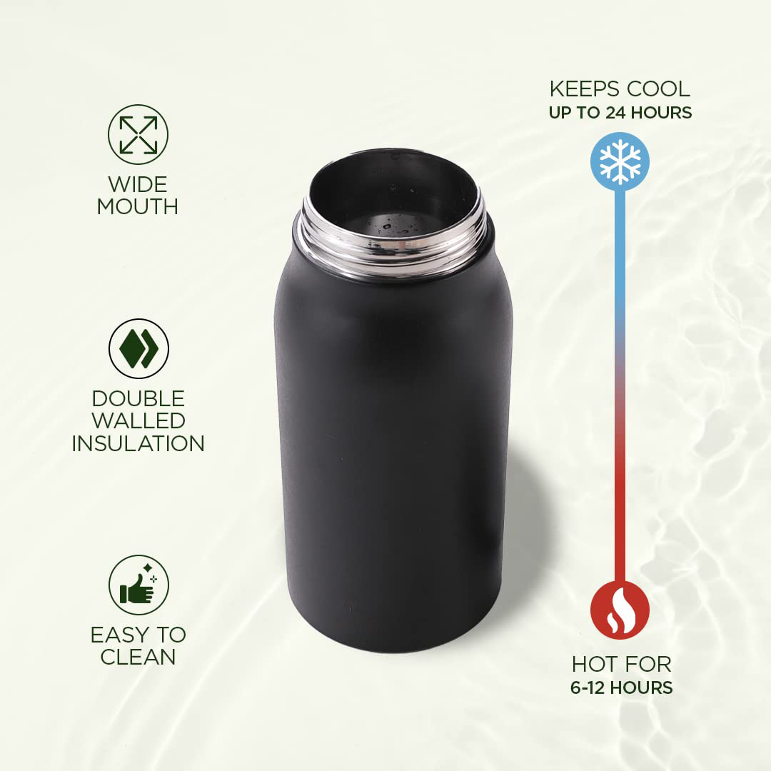 Kuber Industries Water Bottle | Vacuum Insulated Travel Bottle | Hot & Cold Water Bottle | Sipper Lid & Handle Water Bottle | 1000 ML | HH-22111A | Black