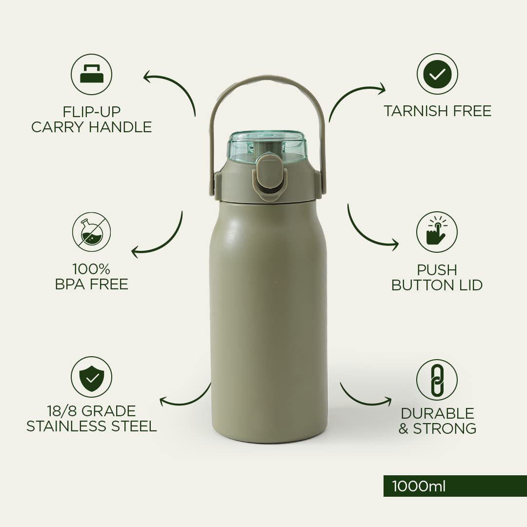 Kuber Industries Water Bottle | Vacuum Insulated Travel Bottle | Hot & Cold Water Bottle | Sipper Lid & Handle Water Bottle | 1000 ML | HH-22111D | Green