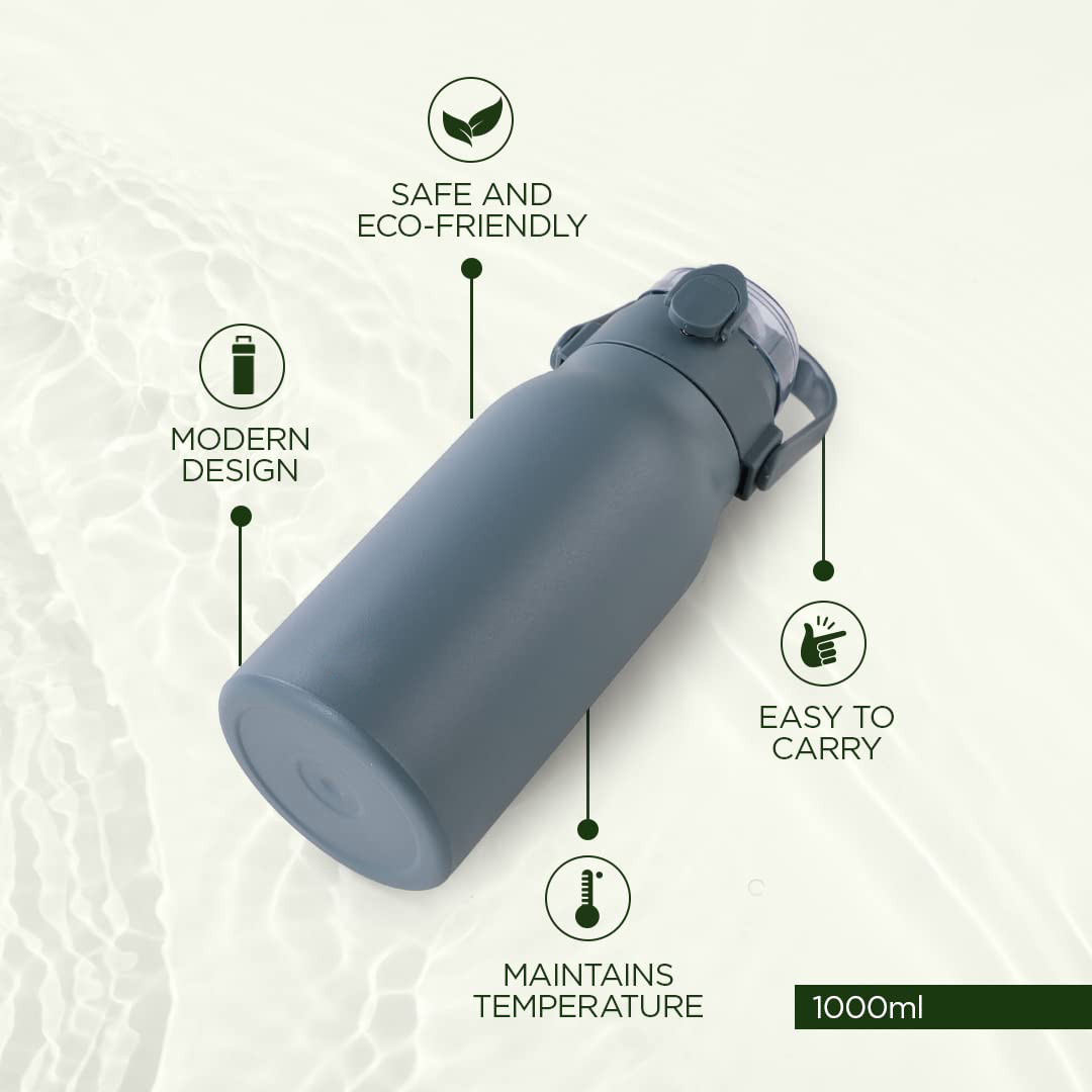 Kuber Industries Water Bottle | Vacuum Insulated Travel Bottle | Hot & Cold Water Bottle | Sipper Lid & Handle Water Bottle | 1000 ML | HH-22111B | Blue