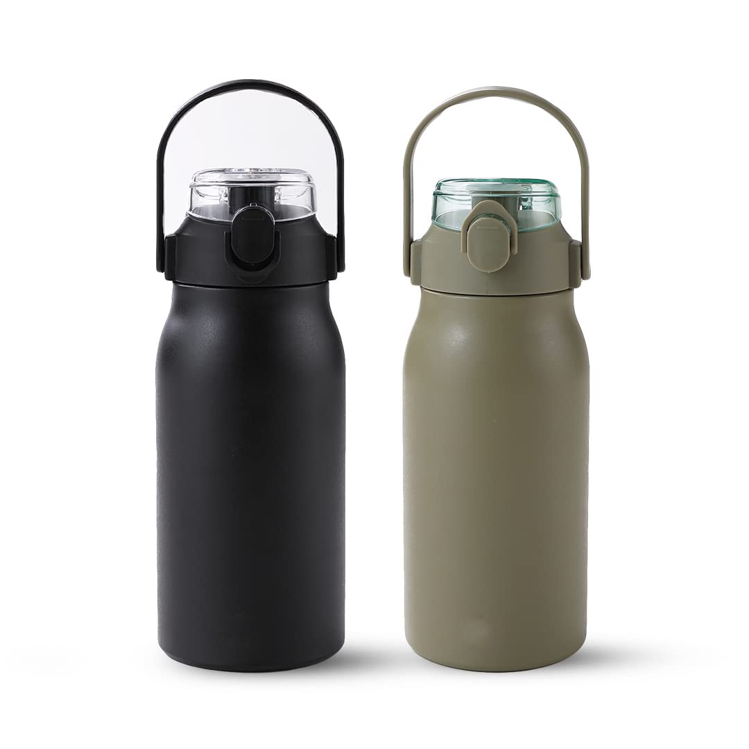 Kuber Industries Water Bottle | Vacuum Insulated Travel Bottle | Hot & Cold Water Bottle | Sipper Lid & Handle Water Bottle | 1000 ML | Pack of 2 | HH-22111D | HH-22111A | Green & Black