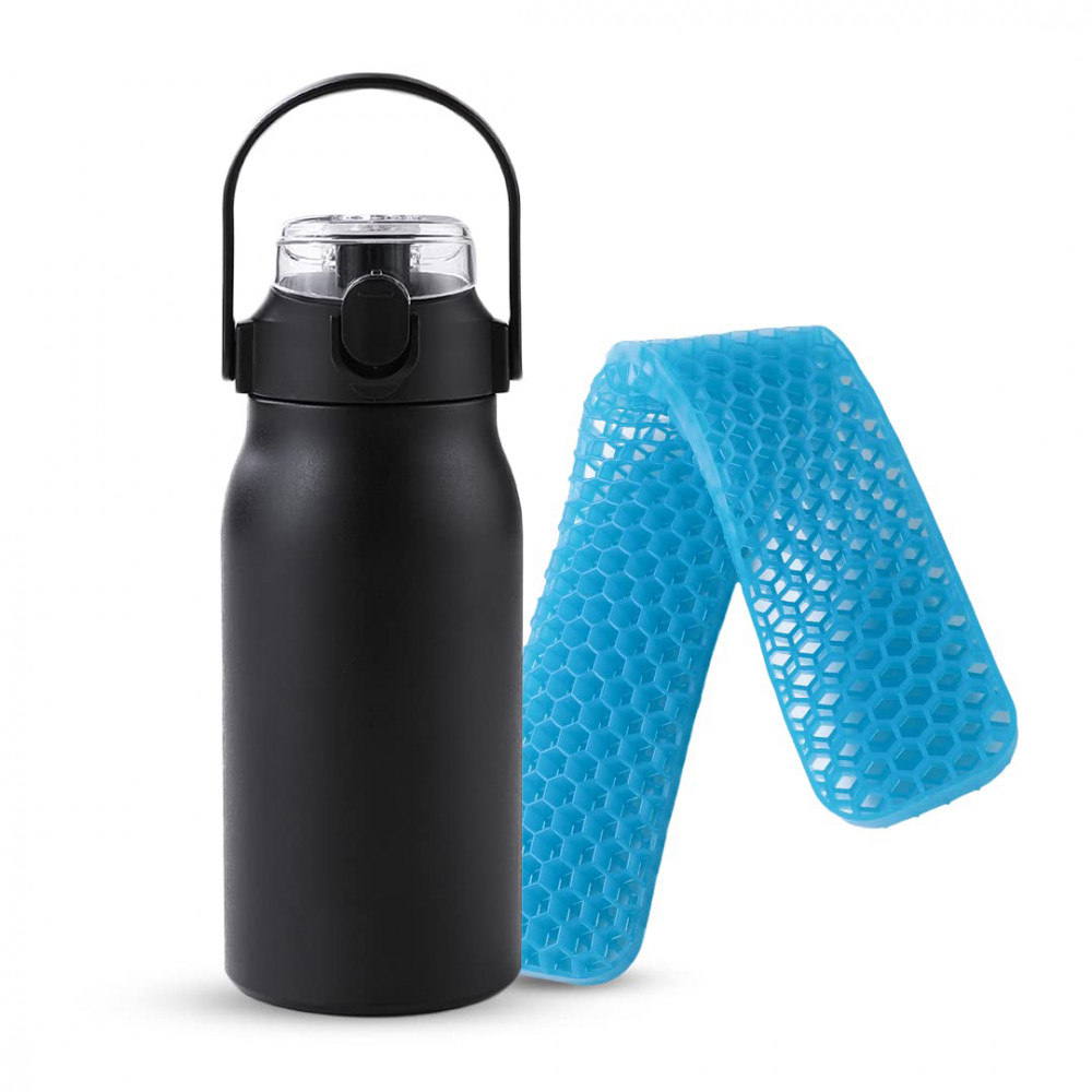 Kuber Industries Water Bottle &amp; Keyboard Wrist Pad Combo Set | Office Desk Essentials Combo | Vacuum Insulated Bottle With Handle | Pain Relief Wrist Pad | 1000 ML | HH-22111A-T-D002 | Multi