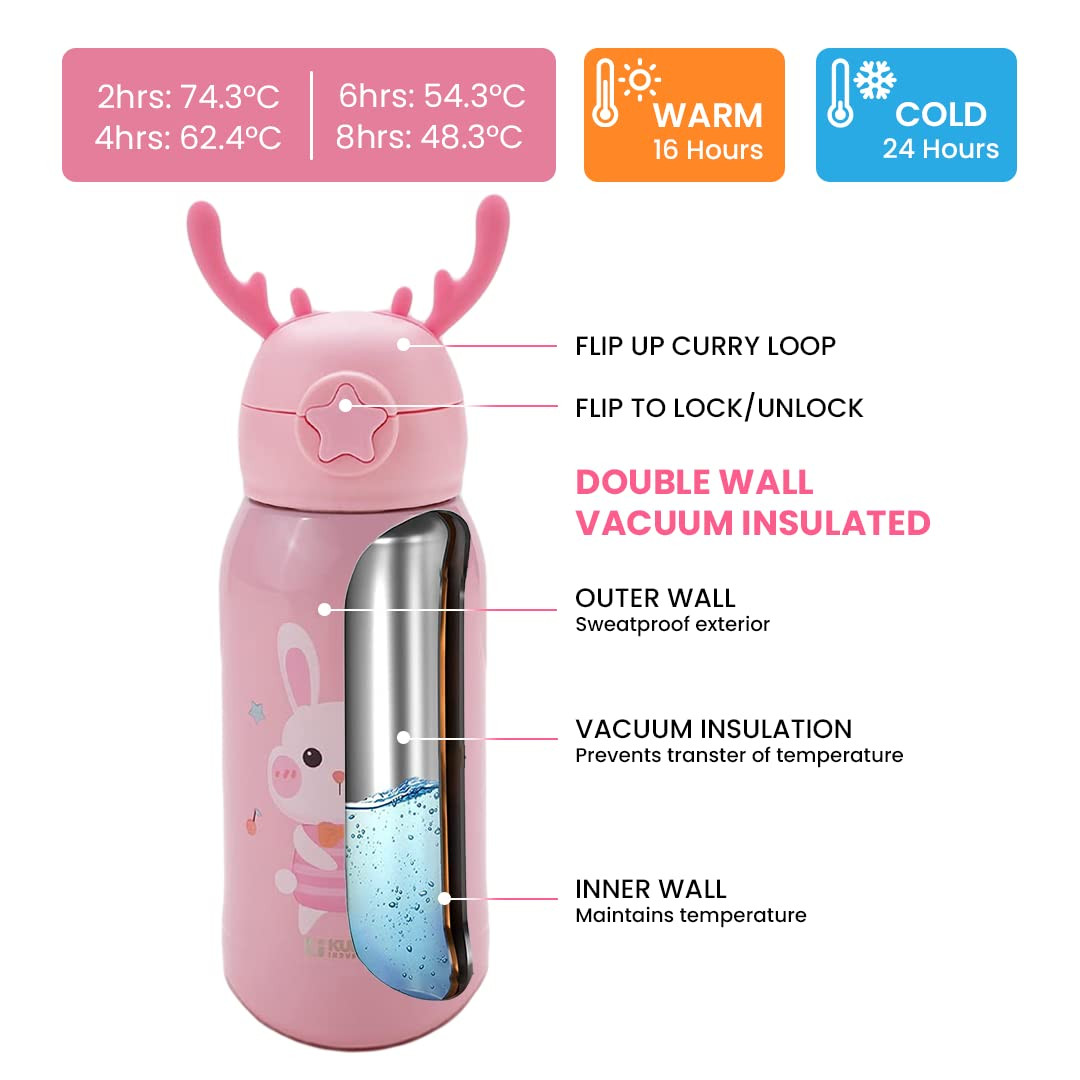 Kuber Industries Water Bottle for Kids, Bunny Design Stainless Steel Flask with Straw, Cup & Fabric Cover, Sipper, Food Grade Plastic Lid, Broad Fabric Strap, Leak Proof, BPA Free, 500 ml, Pack of 1