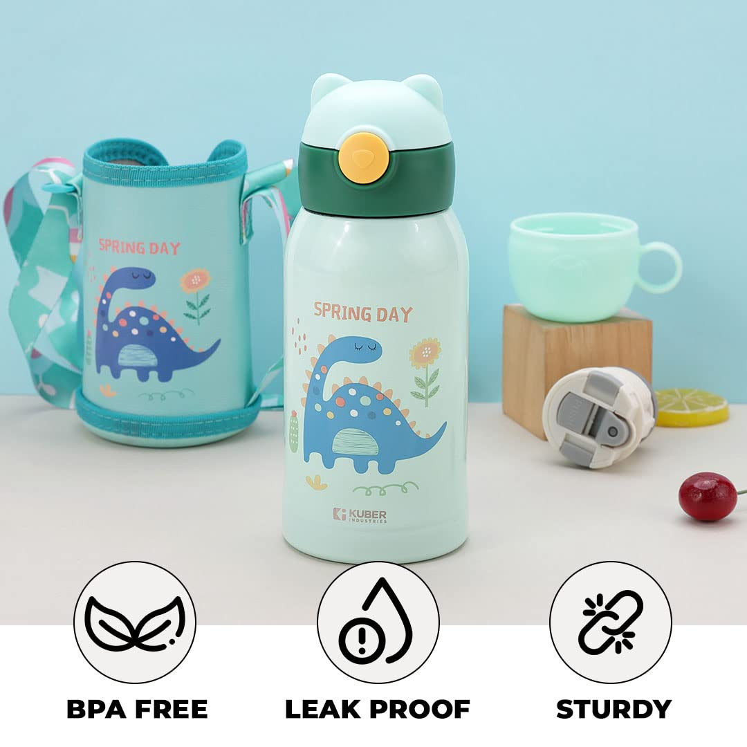 Kuber Industries Water Bottle for Kids, Dino Design Stainless Steel Flask with Straw, Cup & Fabric Cover, Sipper, Food Grade Plastic Lid, Broad Fabric Strap, Leak Proof, BPA Free, 500 ml (Pack of 1)