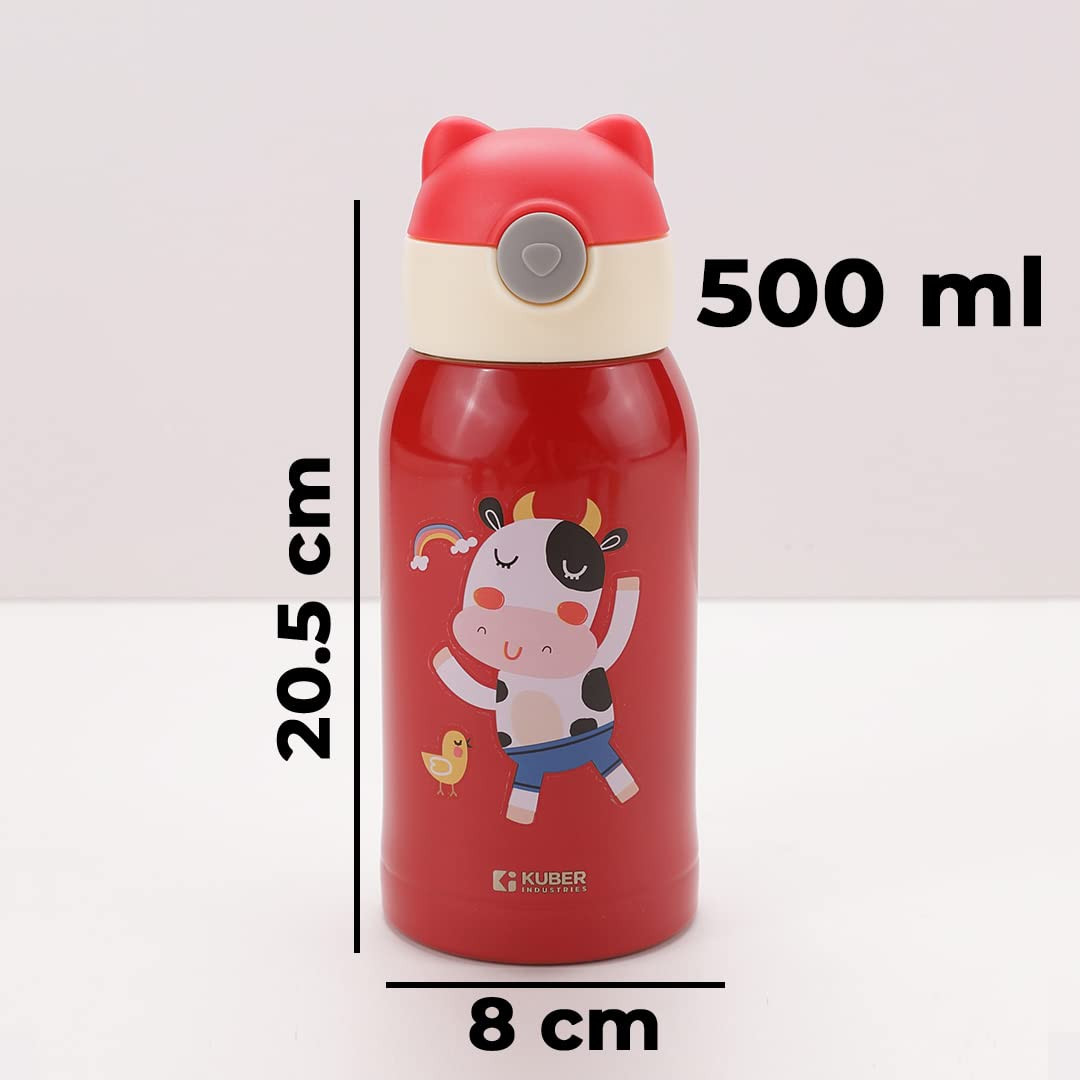 Kuber Industries Water Bottle for Kids, Mooh Design Stainless Steel Flask with Straw, Cup & Fabric Cover, Sipper, Food Grade Plastic Lid, Broad Fabric Strap, Leak Proof, BPA Free, 500 ml (Pack of 1)