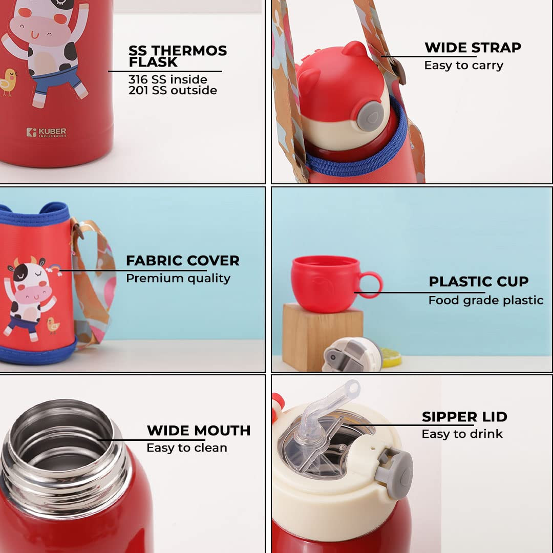 Kuber Industries Water Bottle for Kids, Mooh Design Stainless Steel Flask with Straw, Cup & Fabric Cover, Sipper, Food Grade Plastic Lid, Broad Fabric Strap, Leak Proof, BPA Free, 500 ml (Pack of 1)