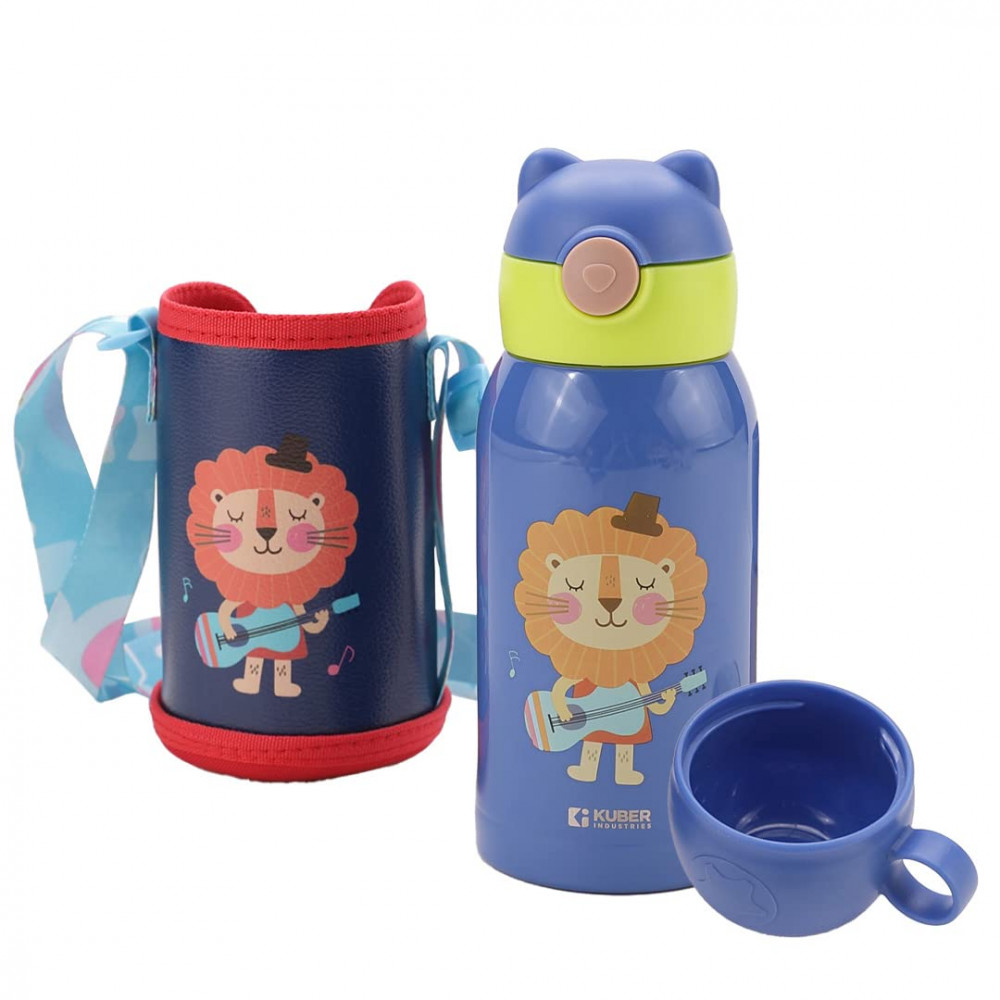 Kuber Industries Water Bottle for Kids, Shera Design Stainless Steel Flask with Straw, Cup &amp; Fabric Cover, Sipper, Food Grade Plastic Lid, Broad Fabric Strap, Leak Proof, BPA Free, 500 ml (Pack of 1)