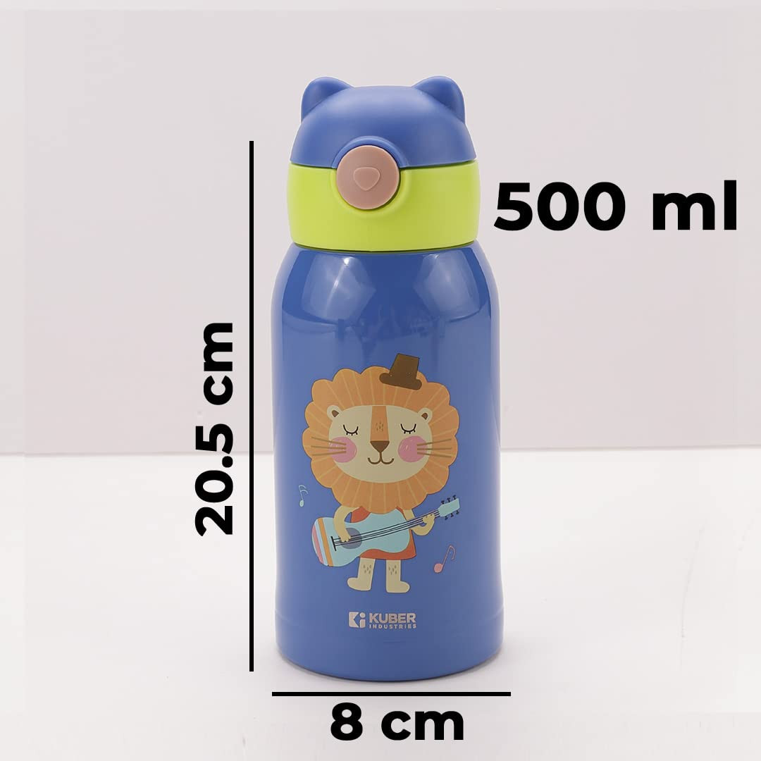 Kuber Industries Water Bottle for Kids, Shera Design Stainless Steel Flask with Straw, Cup & Fabric Cover, Sipper, Food Grade Plastic Lid, Broad Fabric Strap, Leak Proof, BPA Free, 500 ml (Pack of 1)