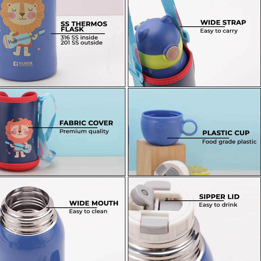 Kuber Industries Water Bottle for Kids, Shera Design Stainless Steel Flask with Straw, Cup & Fabric Cover, Sipper, Food Grade Plastic Lid, Broad Fabric Strap, Leak Proof, BPA Free, 500 ml (Pack of 1)