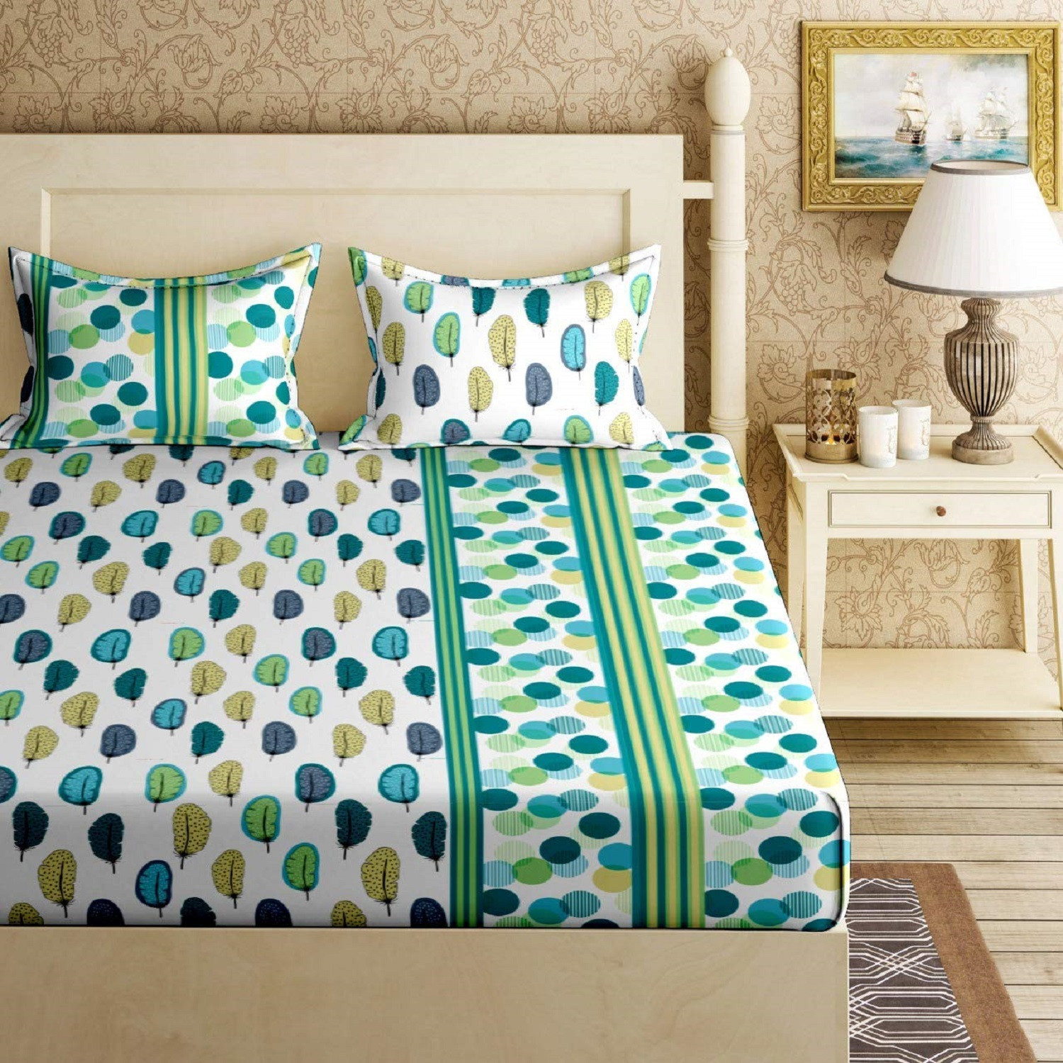 Kuber Industries Wings Print Cotton Double Bedsheet with 2 Pillow Covers (Green)