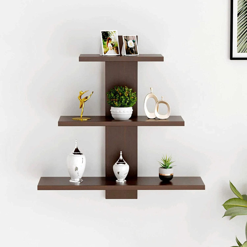 Kuber Industries Wooden Wall Shelf|Multipurpose Tree Shape Display Rack|Engineered Wood Mount 3 Tier Shelves for Office &amp; Home DÃ©cor (Brown)