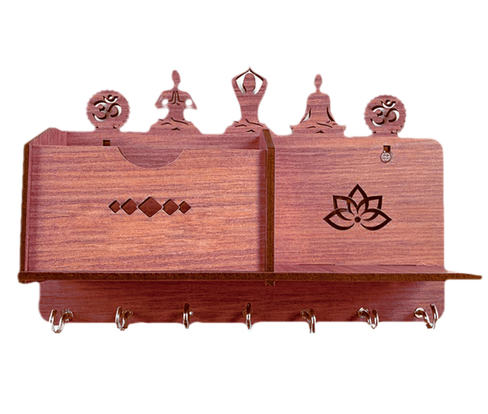 Kuber Industries Wooden Yoga Design Wall 7 Hooks Key Holder | Mail Organizer With 1 Compartment &amp; Extra Shelf For Home Decor (Brown)