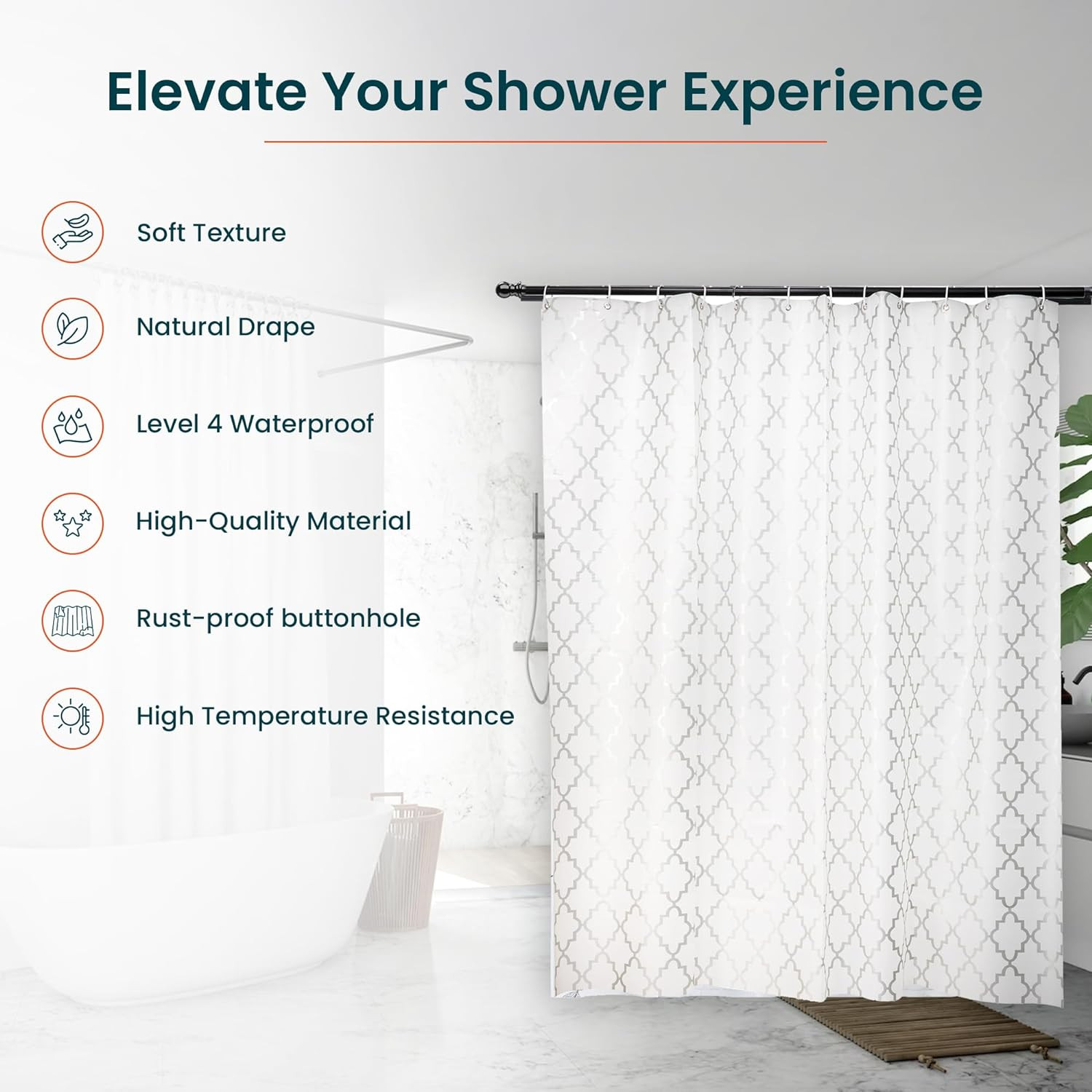 Kuber IndustriesSoft Texture Bath curtain|Natural Drape Waterproof Shower Curtain 6 Feet|Silver