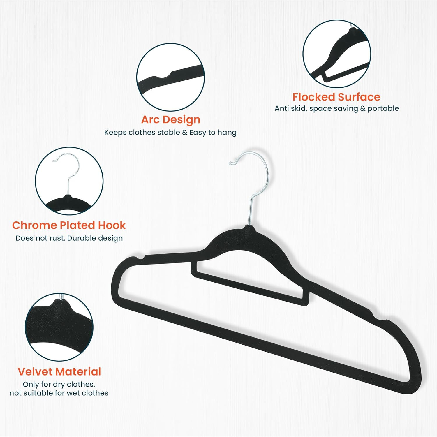 Kuber IndustriesVelvet Cloth Hanger Set of 5 With Chromed Plated Steel Hook (Black)
