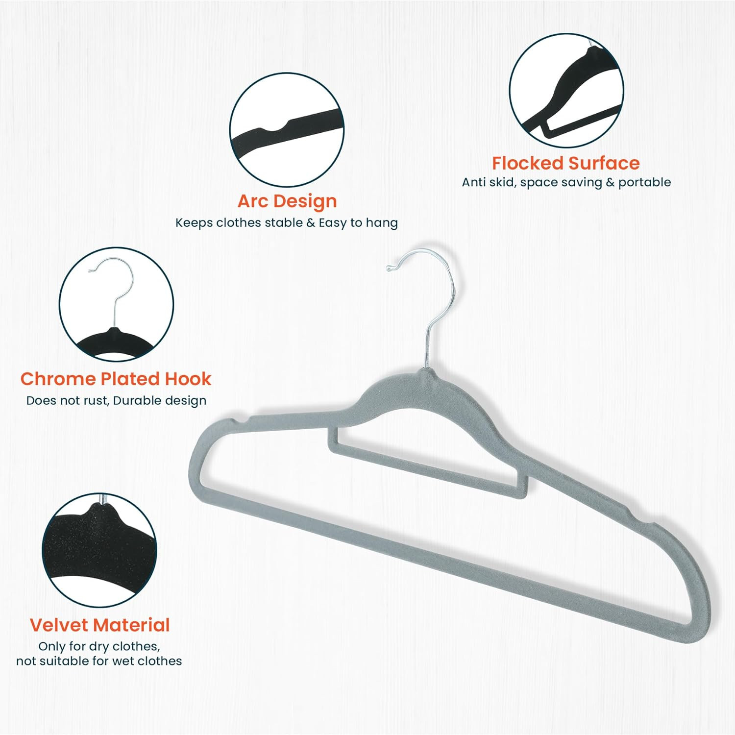 Kuber IndustriesVelvet Cloth Hanger Set of 5 With Chromed Plated Steel Hook (Grey)