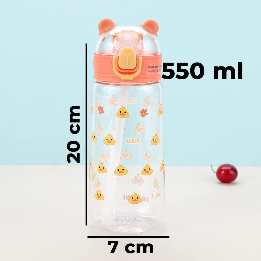 Kuber Sipper Bottle with Straw for Kids | Teddy Tumbler Sipper Cup I Cute Water Bottle with Lid | Food Grade Plastic | One Click Open | Leak Proof, BPA Free | 550 ml I School Boys Girls (Transparent)