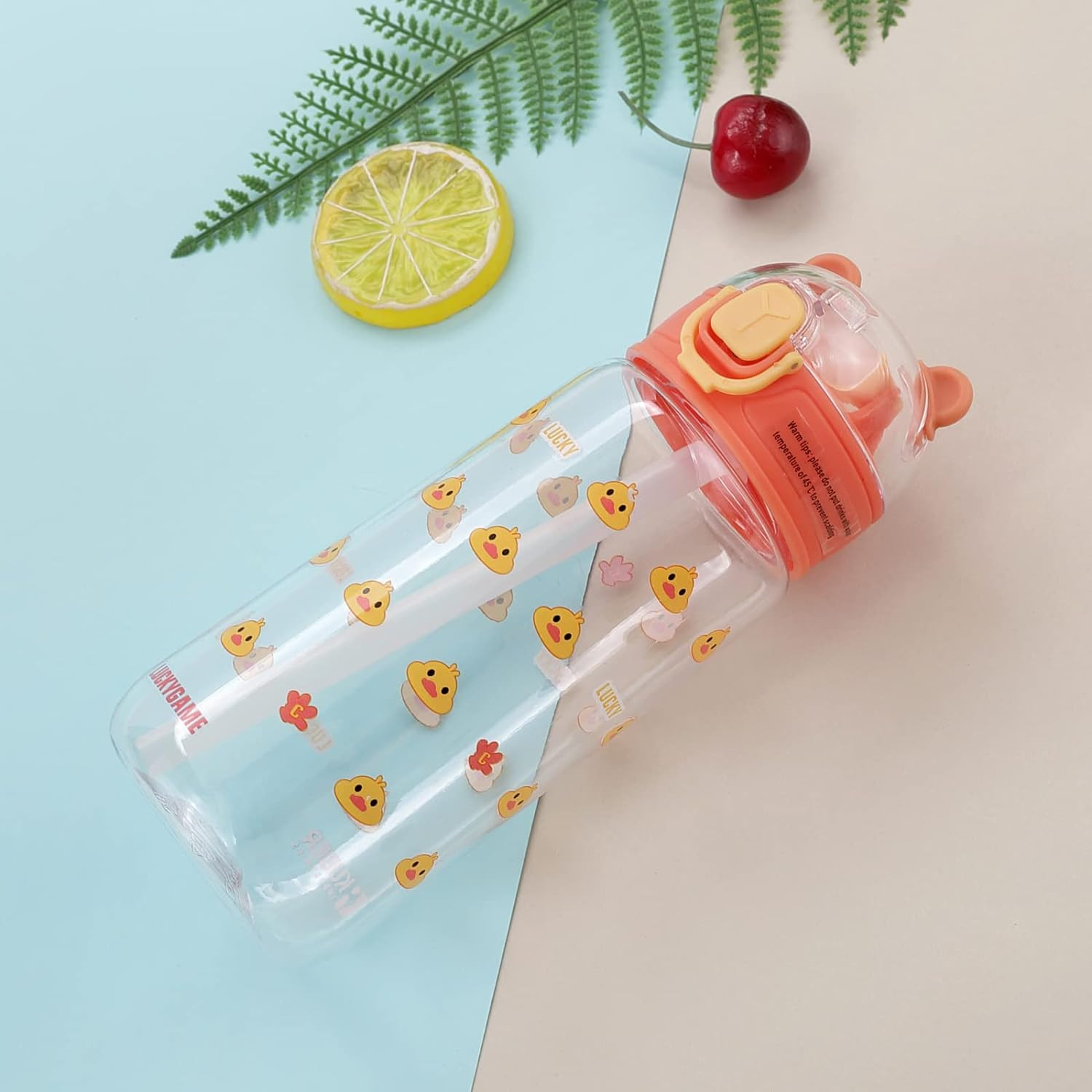 Kuber Sipper Bottle with Straw for Kids | Teddy Tumbler Sipper Cup I Cute Water Bottle with Lid | Food Grade Plastic | One Click Open | Leak Proof, BPA Free | 550 ml I School Boys Girls (Transparent)