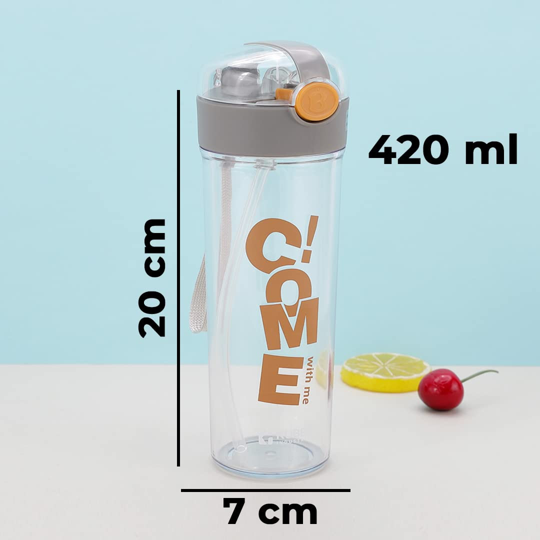 Kuber Sipper Bottle with Straw for Kids I Cute Water Bottle with Lid | Food Grade Plastic | One Click Open | Leak Proof, BPA Free | 420 ml I School Boys Girls (Transparent with Grey Cap)