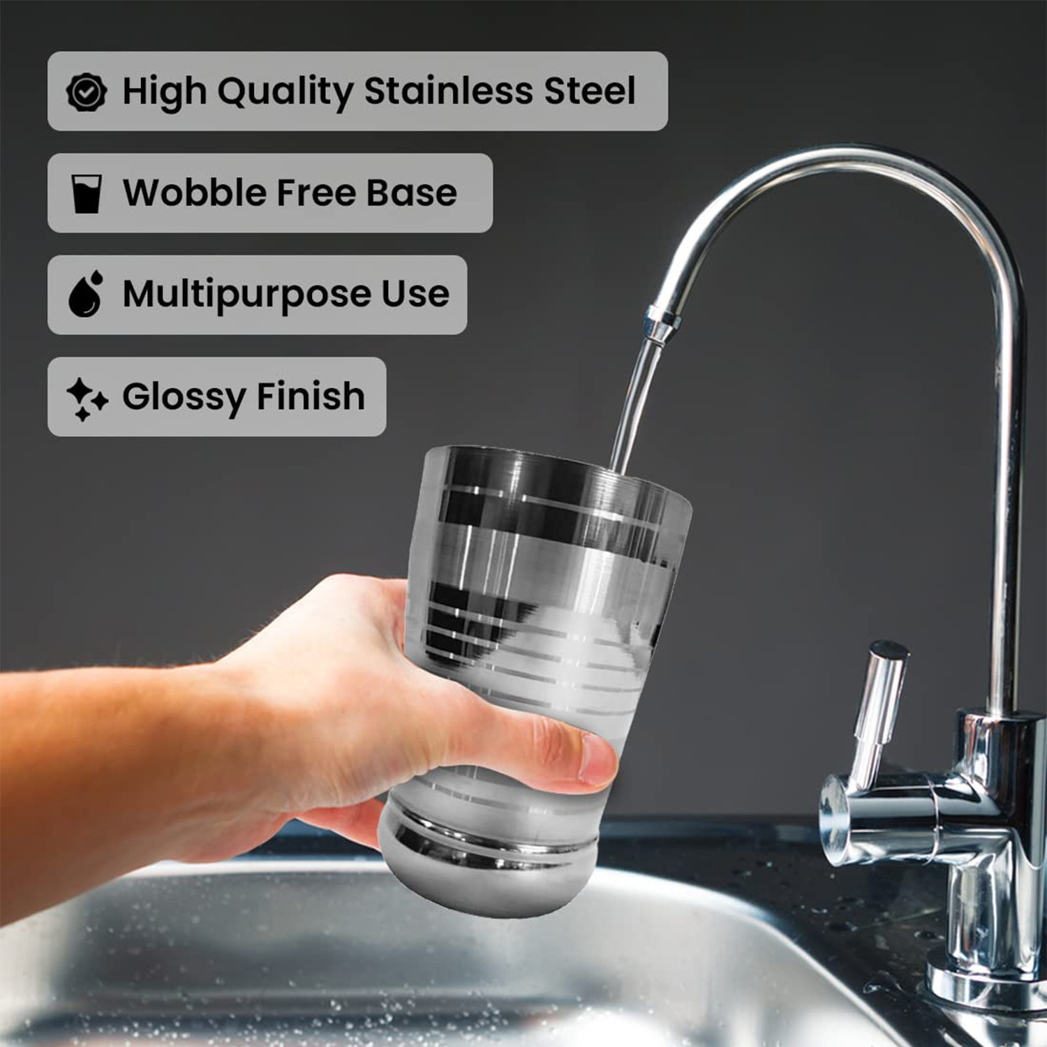 Kuber Stainless Steel Glass Set | Wobble Free Base, Durable | Multipurpose, Elegant Design & Wide Rim | Easy to Clean & Store | Steel Glass Set 6