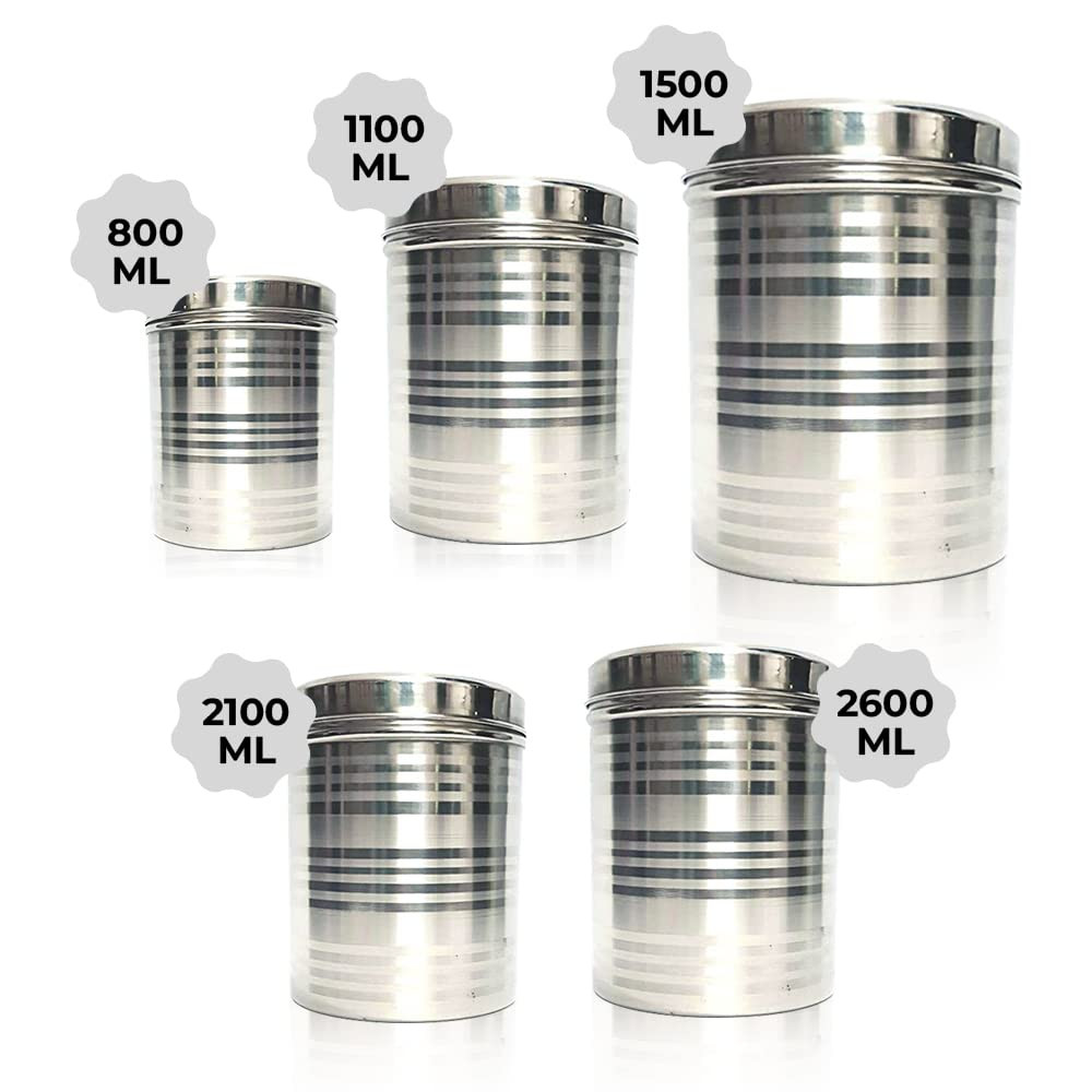 Kuber Stainless Steel Kitchen Containers Set | Durable & Stackable | Wobble Free, Easy to Clean & Multipurpose | Kitchen Storage Container Set of 5 - Assorted