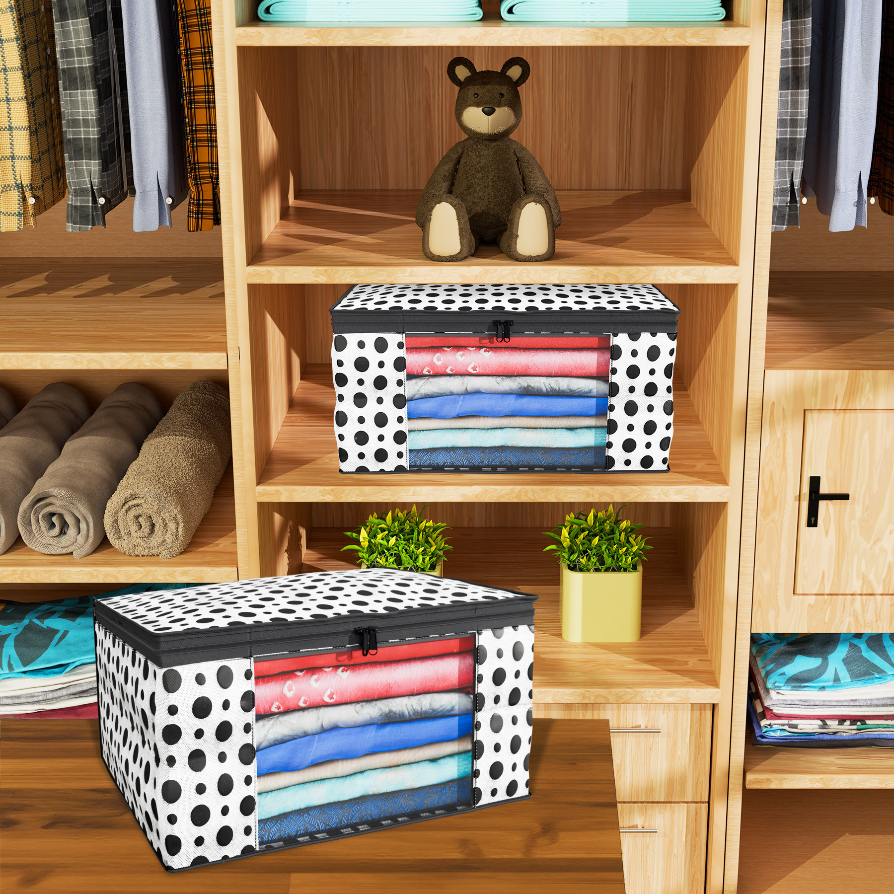 Kuber Industries Polka Dots Design Non Woven Fabric Saree Cover/ Clothes Organiser For Wardrobe Set with Transparent Window, Extra Large,(Black & White) -CTKTC38087