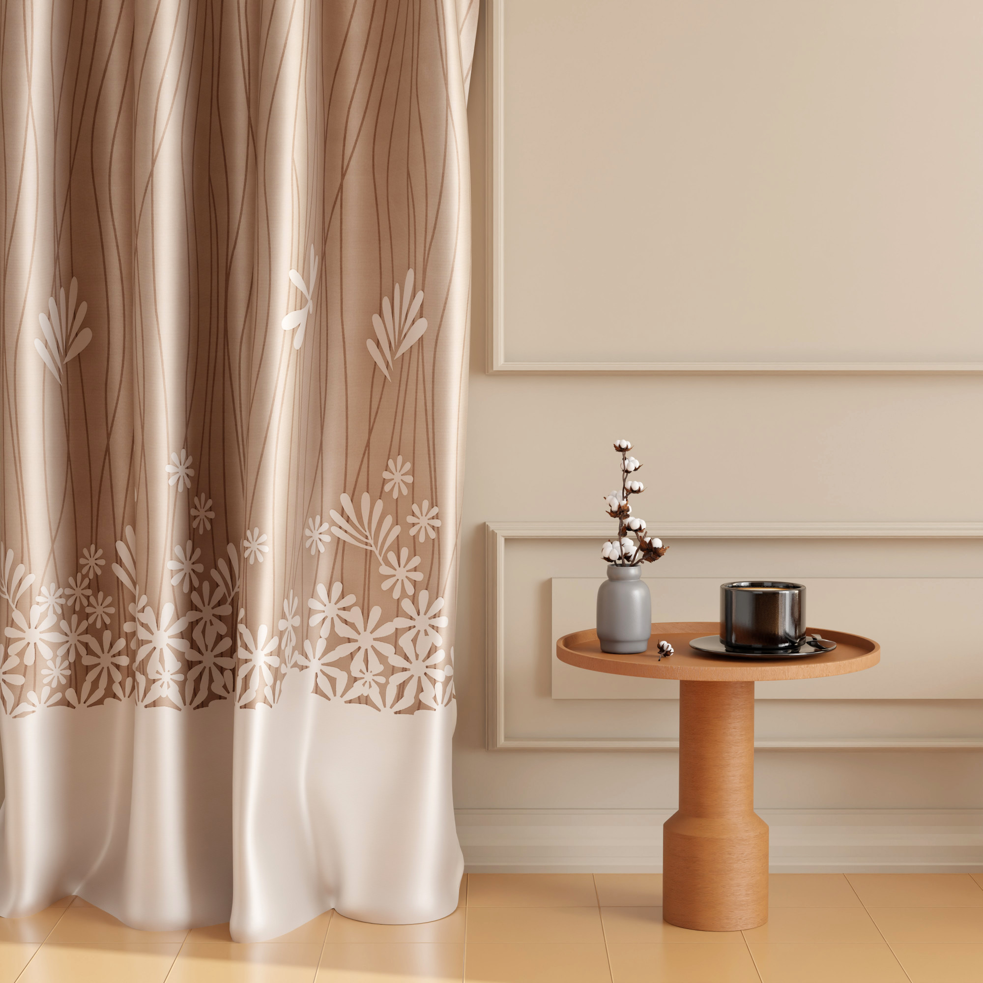 2 Pcs Polyester Door Curtains 7 Feet  Aesthetic Curtains for Bedroom and Living Room Decoration  Kitchen and Room Parda  Digital Lining - Cream Brown
