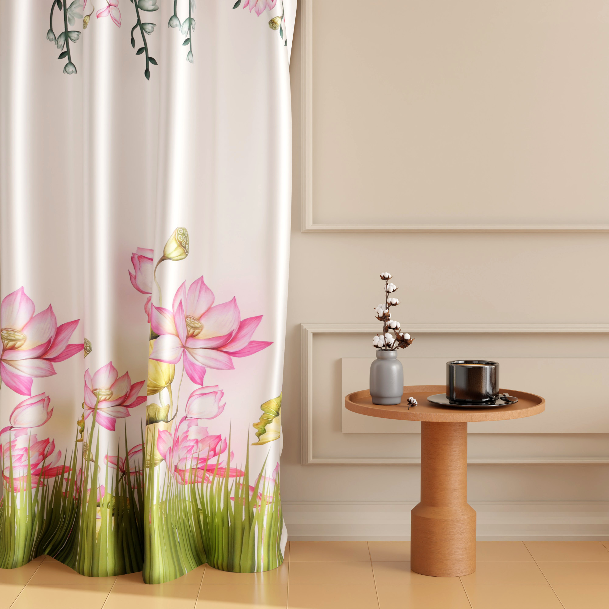 2 Pcs Polyester Door Curtains 7 Feet  Aesthetic Curtains for Bedroom and Living Room Decoration  Kitchen and Room Parda  Digital Lotus Flower - White