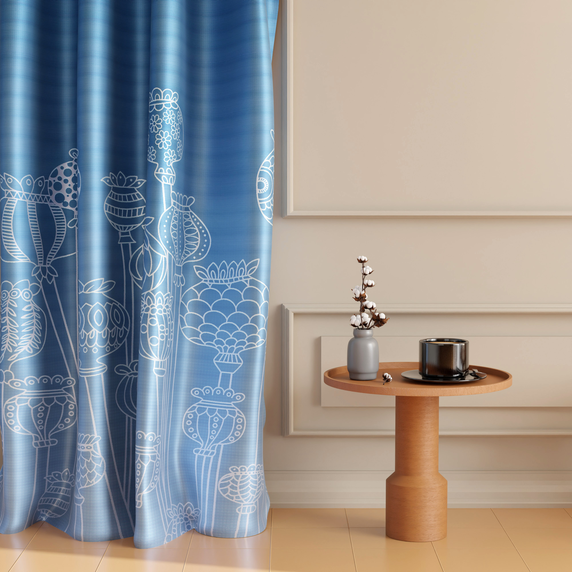 2 Pcs Polyester Door Curtains 7 Feet  Aesthetic Curtains for Bedroom and Living Room Decoration  Kitchen and Room Parda  Digital Matki Flower - Blue