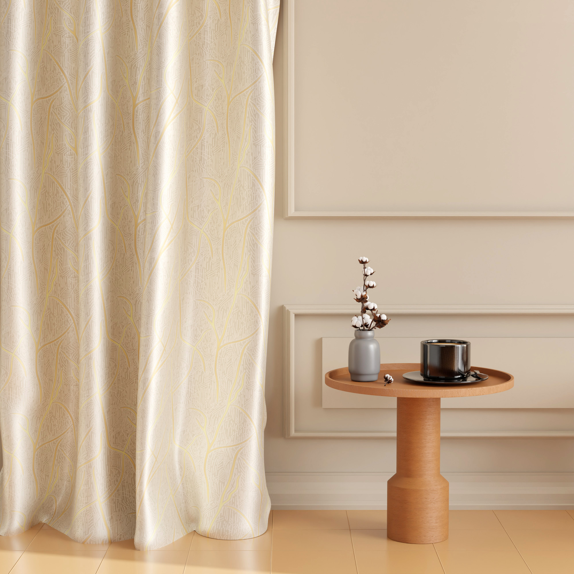 2 Pcs Polyester Door Curtains 7 Feet Long  Aesthetic Curtains for Bedroom and Living Room Decoration  Kitchen and Room Parda  Digital Branches - Cream  Golden