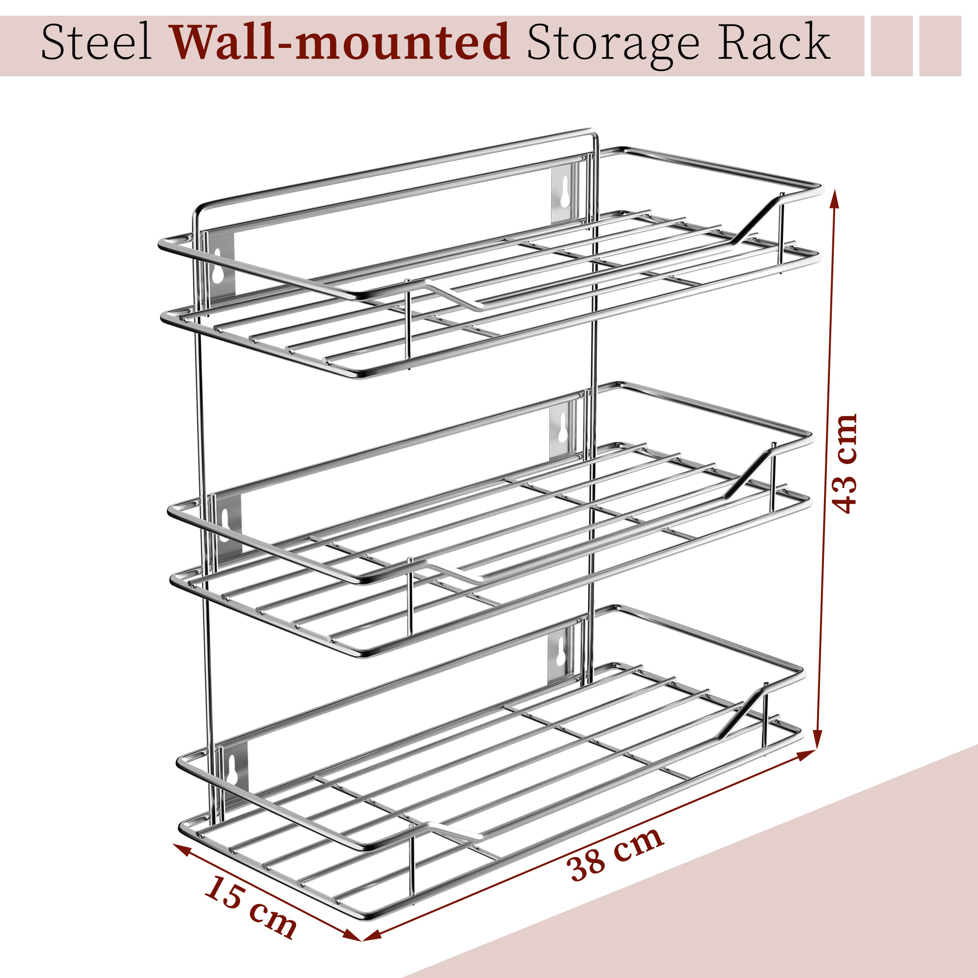 Stainless Steel Multipurpose Kitchen Wall Storage Rack  Three Tier Shelf Shelves for Spice Boxes  House Utensils  Organiser Stand - Silver
