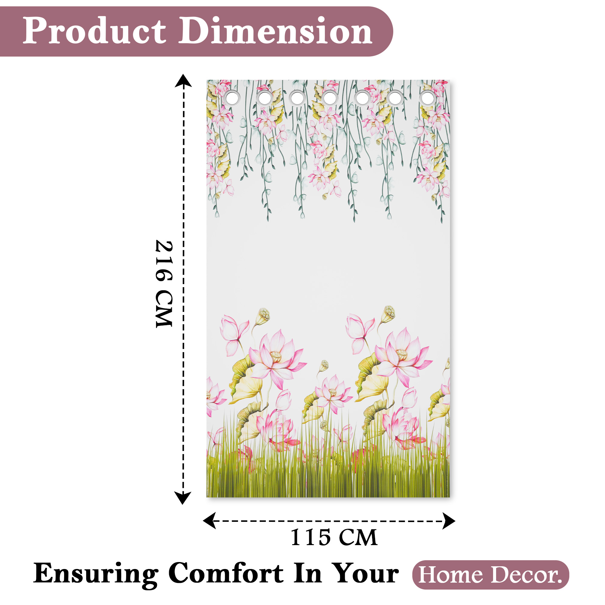 2 Pcs Polyester Door Curtains 7 Feet  Aesthetic Curtains for Bedroom and Living Room Decoration  Kitchen and Room Parda  Digital Lotus Flower - White