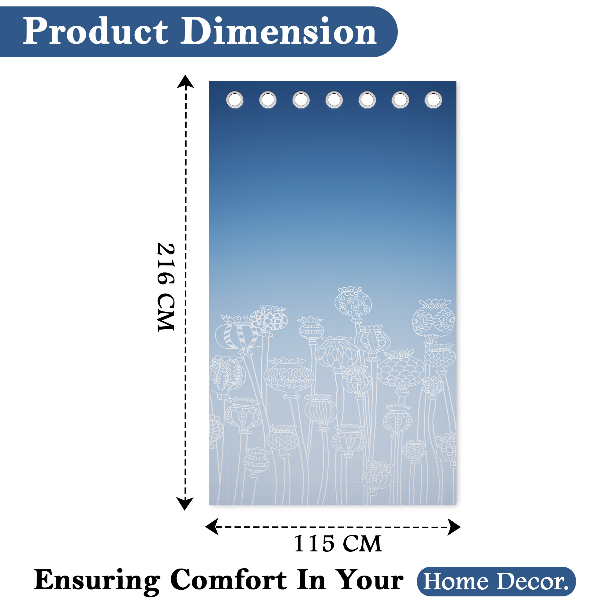 2 Pcs Polyester Door Curtains 7 Feet  Aesthetic Curtains for Bedroom and Living Room Decoration  Kitchen and Room Parda  Digital Matki Flower - Blue