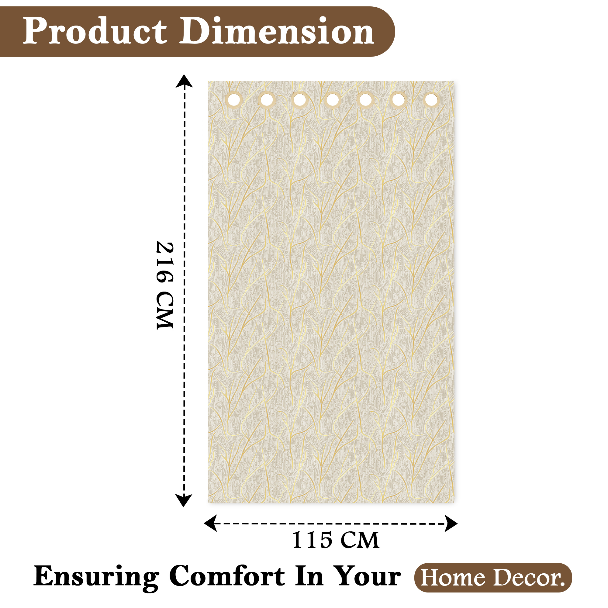 2 Pcs Polyester Door Curtains 7 Feet Long  Aesthetic Curtains for Bedroom and Living Room Decoration  Kitchen and Room Parda  Digital Branches - Cream  Golden