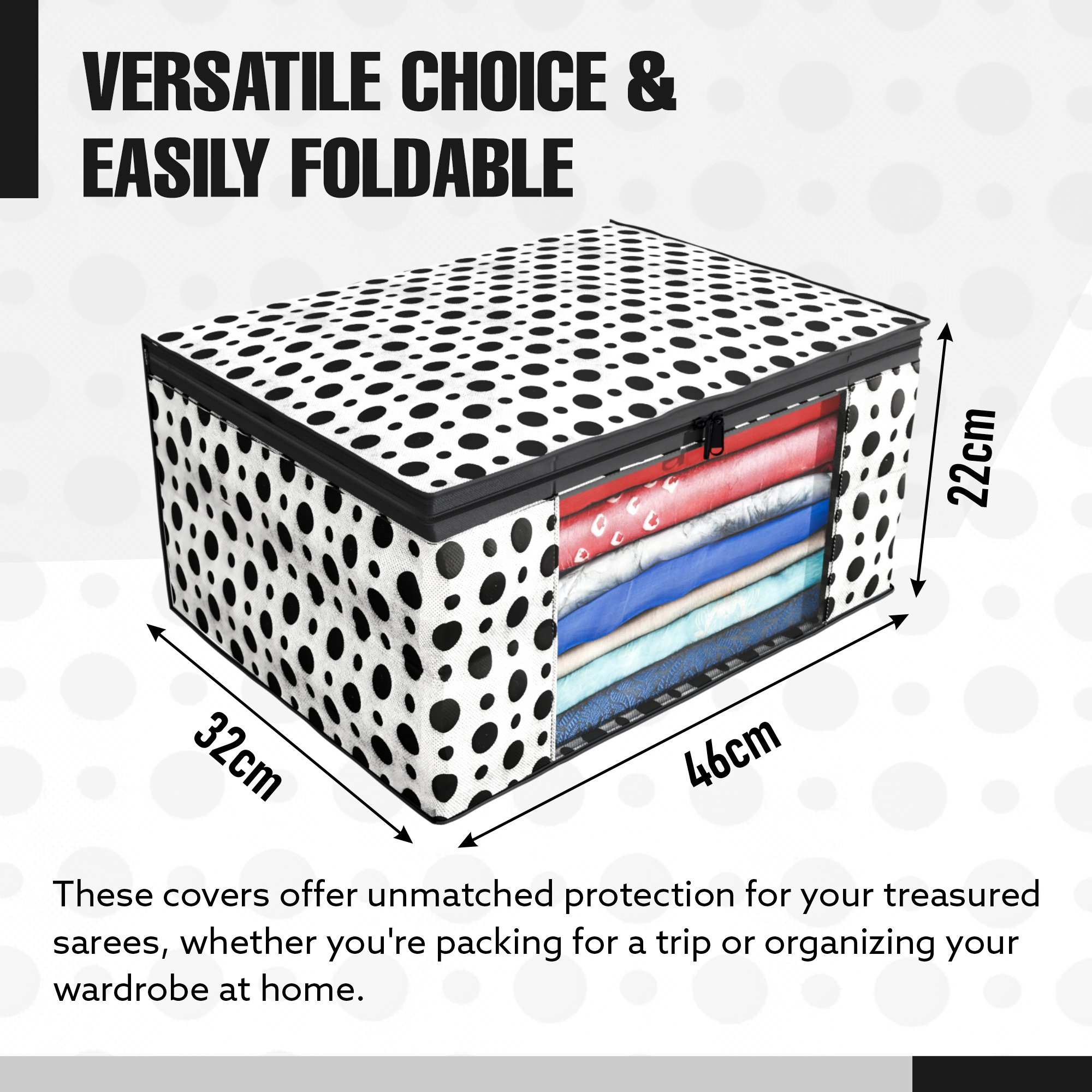 Kuber Industries Polka Dots Design Non Woven Fabric Saree Cover/ Clothes Organiser For Wardrobe Set with Transparent Window, Extra Large,(Black & White) -CTKTC38087