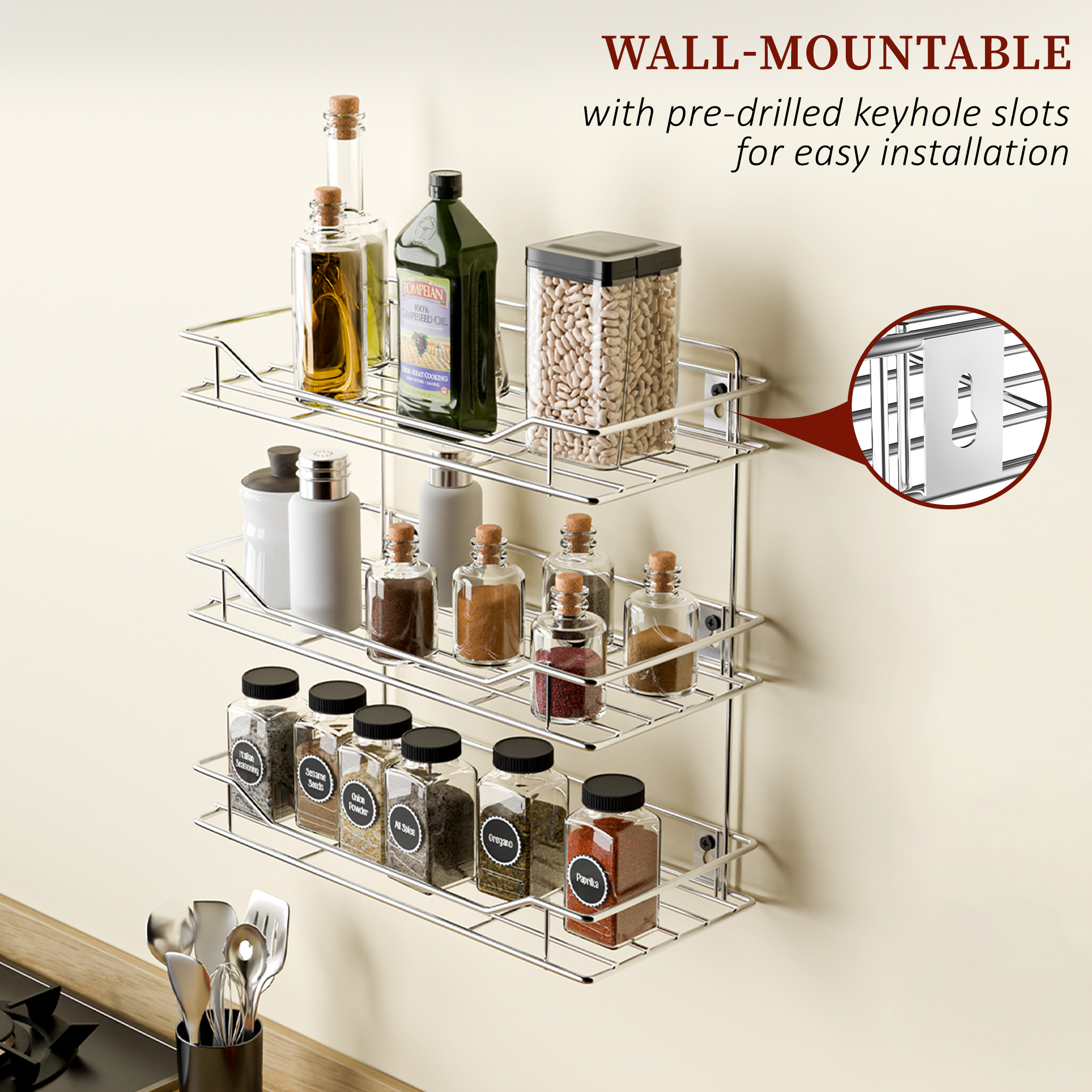 Stainless Steel Multipurpose Kitchen Wall Storage Rack  Three Tier Shelf Shelves for Spice Boxes  House Utensils  Organiser Stand - Silver