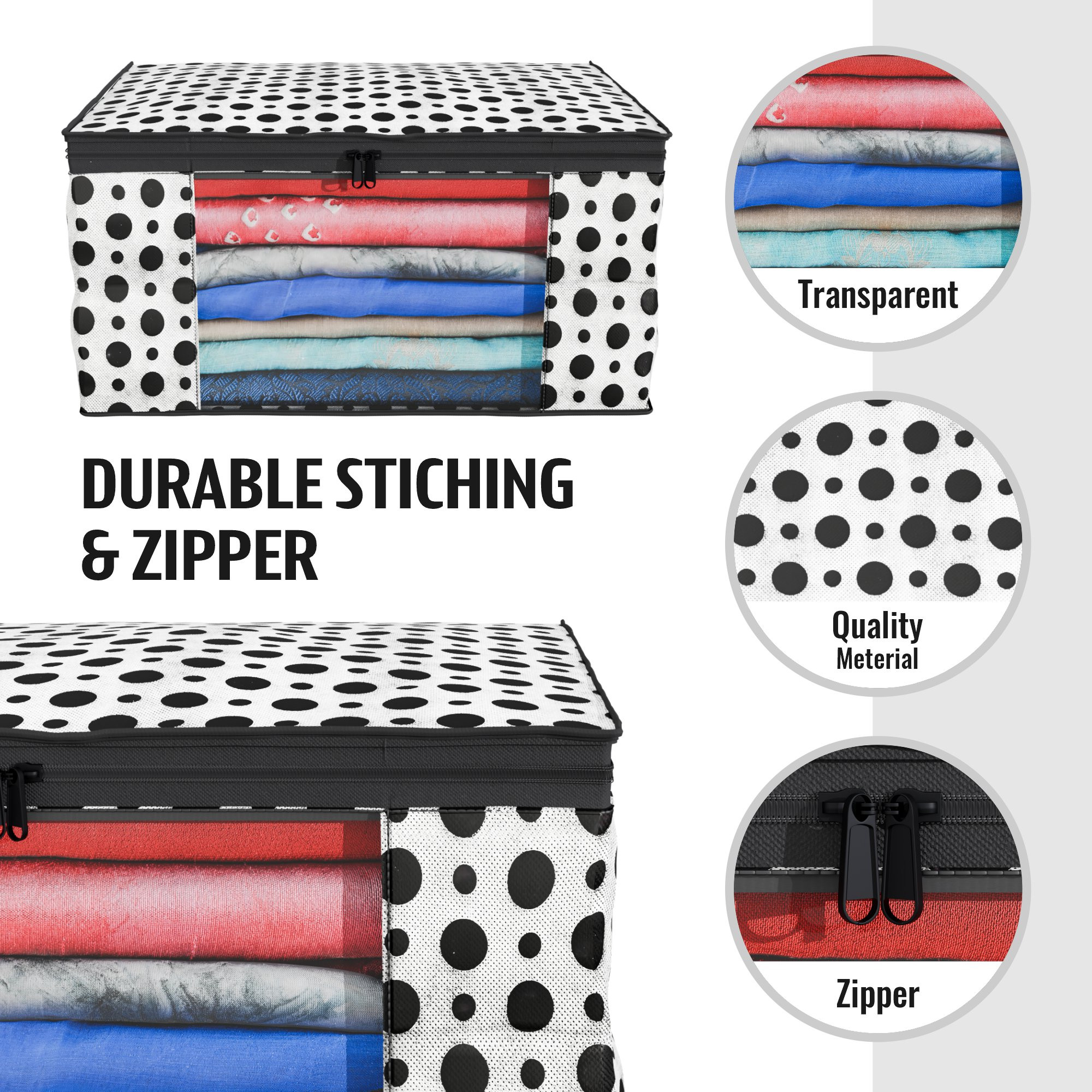 Kuber Industries Polka Dots Design Non Woven Fabric Saree Cover/ Clothes Organiser For Wardrobe Set with Transparent Window, Extra Large,(Black & White) -CTKTC38087