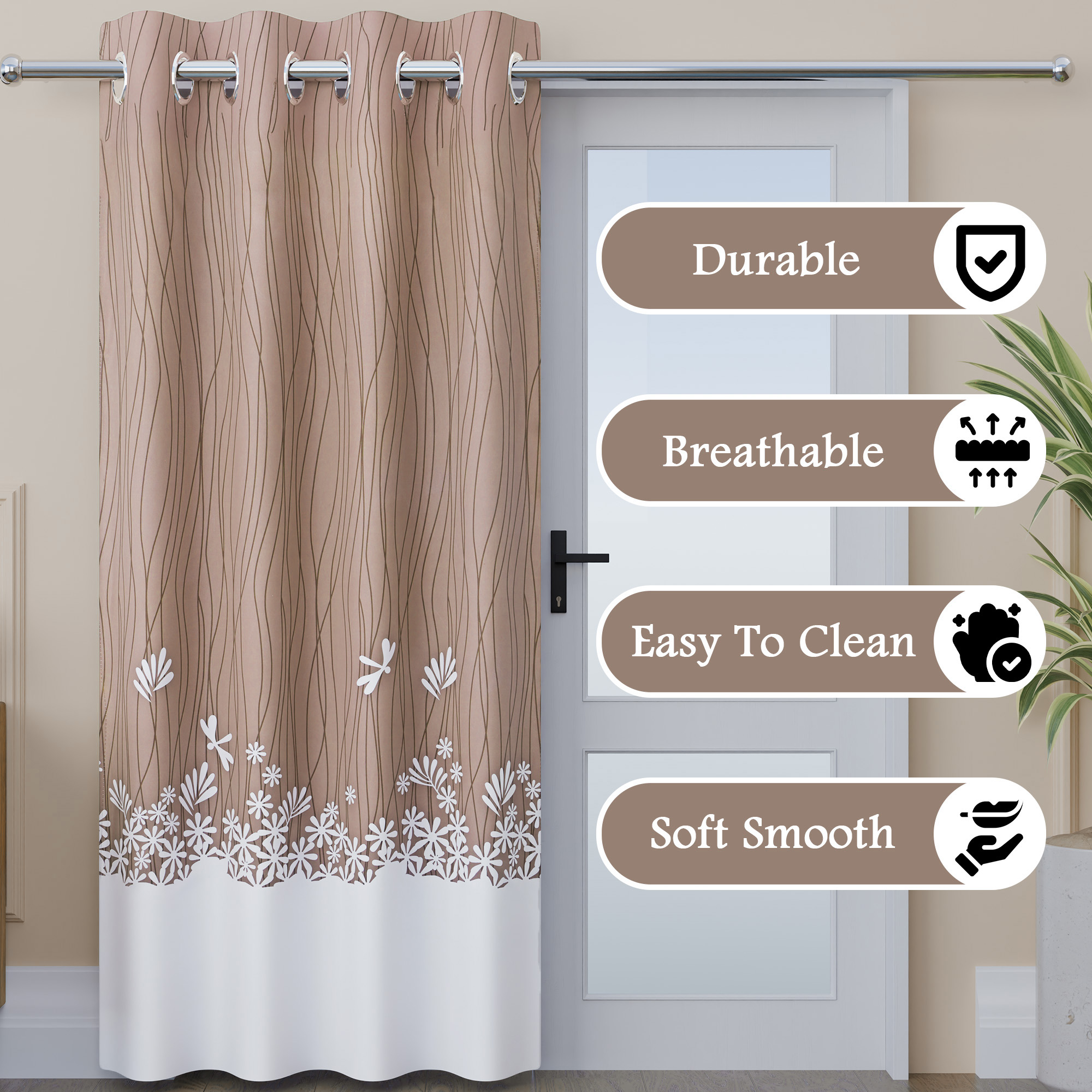 2 Pcs Polyester Door Curtains 7 Feet  Aesthetic Curtains for Bedroom and Living Room Decoration  Kitchen and Room Parda  Digital Lining - Cream Brown