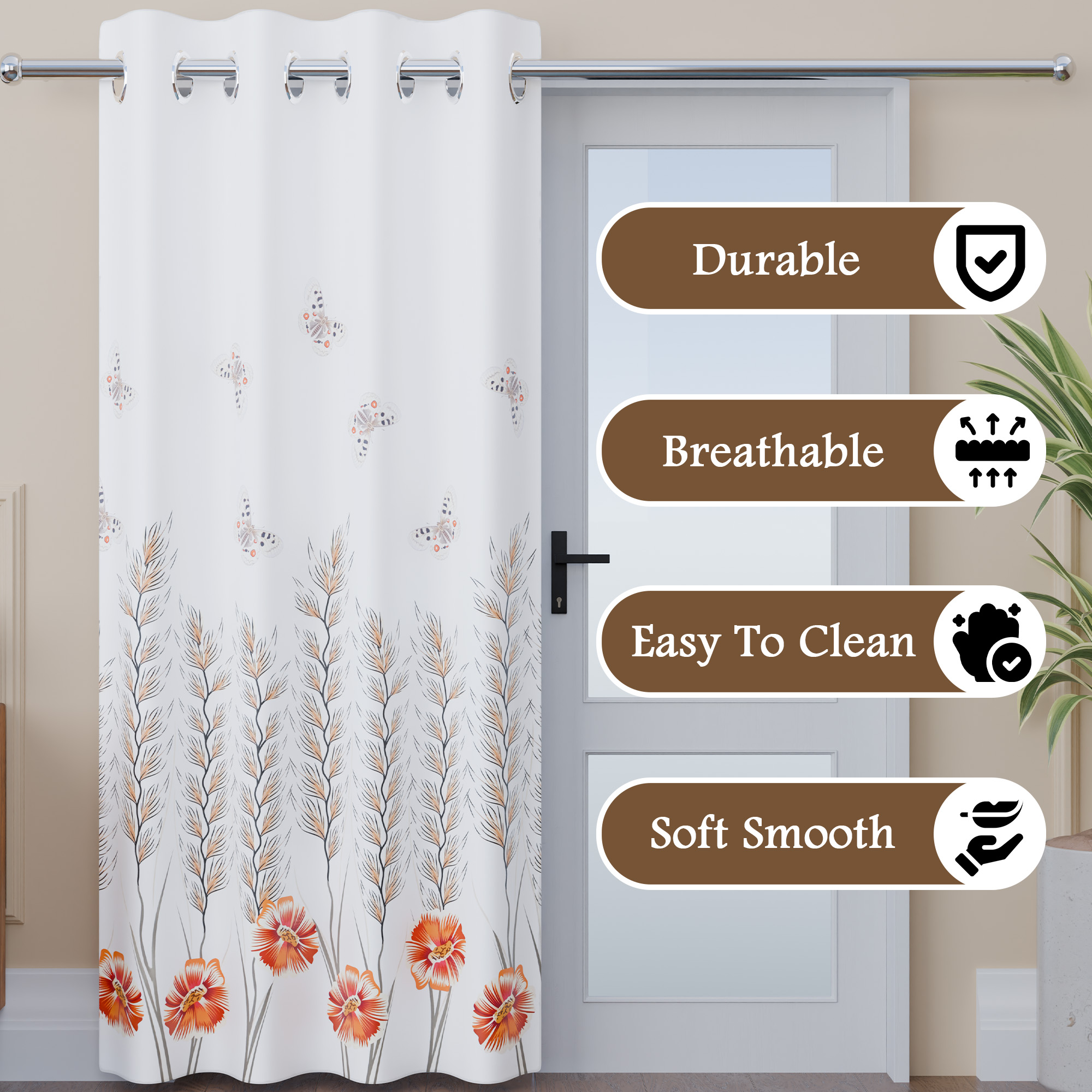2 Pcs Polyester Door Curtains 7 Feet  Aesthetic Curtains for Bedroom and Living Room Decoration  Kitchen and Room Parda  Digital Butterfly - White