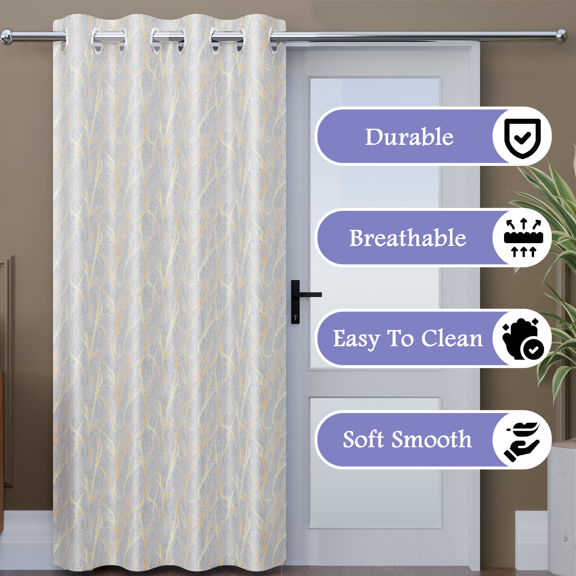 2 Pcs Polyester Door Curtains 7 Feet Long  Aesthetic Curtains for Bedroom and Living Room Decoration  Kitchen and Room Parda  Digital Branches - Grey  Golden