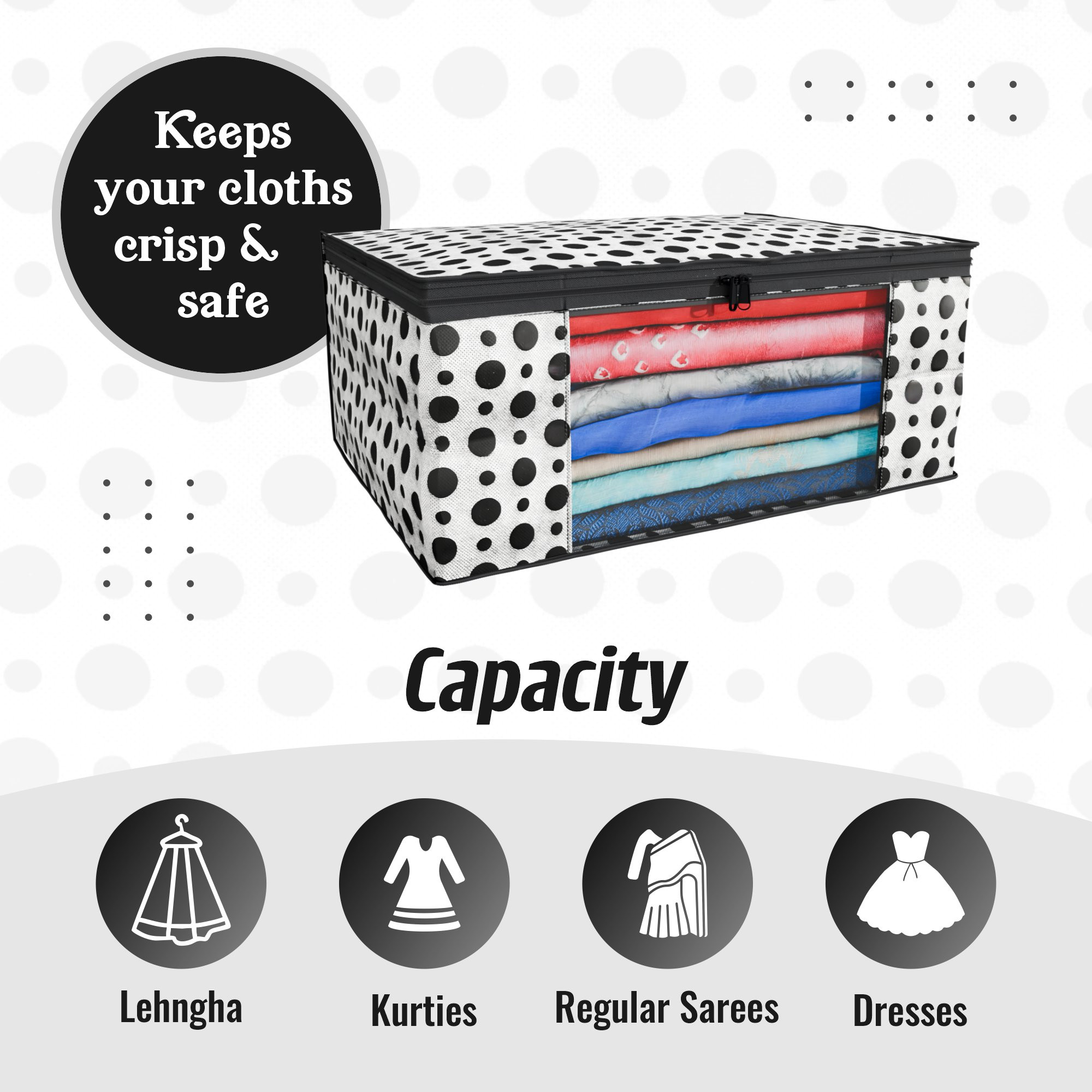 Kuber Industries Polka Dots Design Non Woven Fabric Saree Cover/ Clothes Organiser For Wardrobe Set with Transparent Window, Extra Large,(Black & White) -CTKTC38087