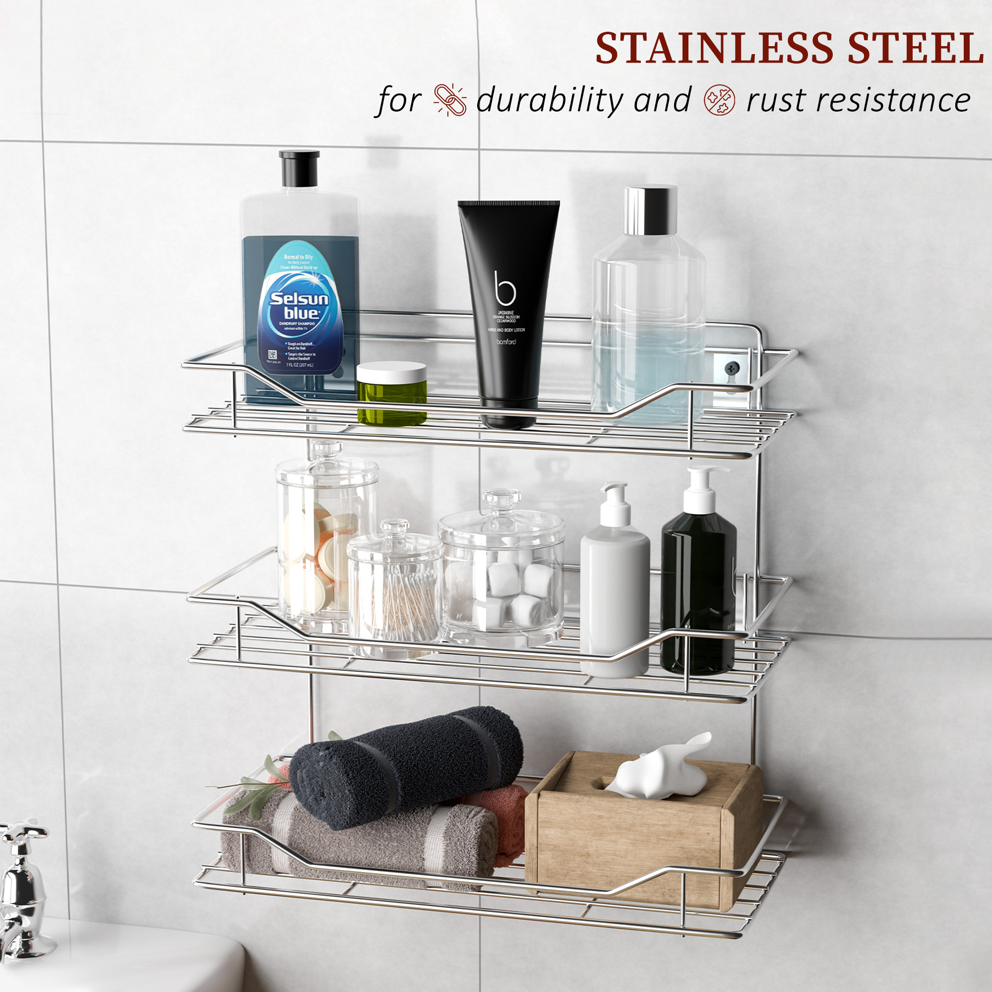 Stainless Steel Multipurpose Kitchen Wall Storage Rack  Three Tier Shelf Shelves for Spice Boxes  House Utensils  Organiser Stand - Silver