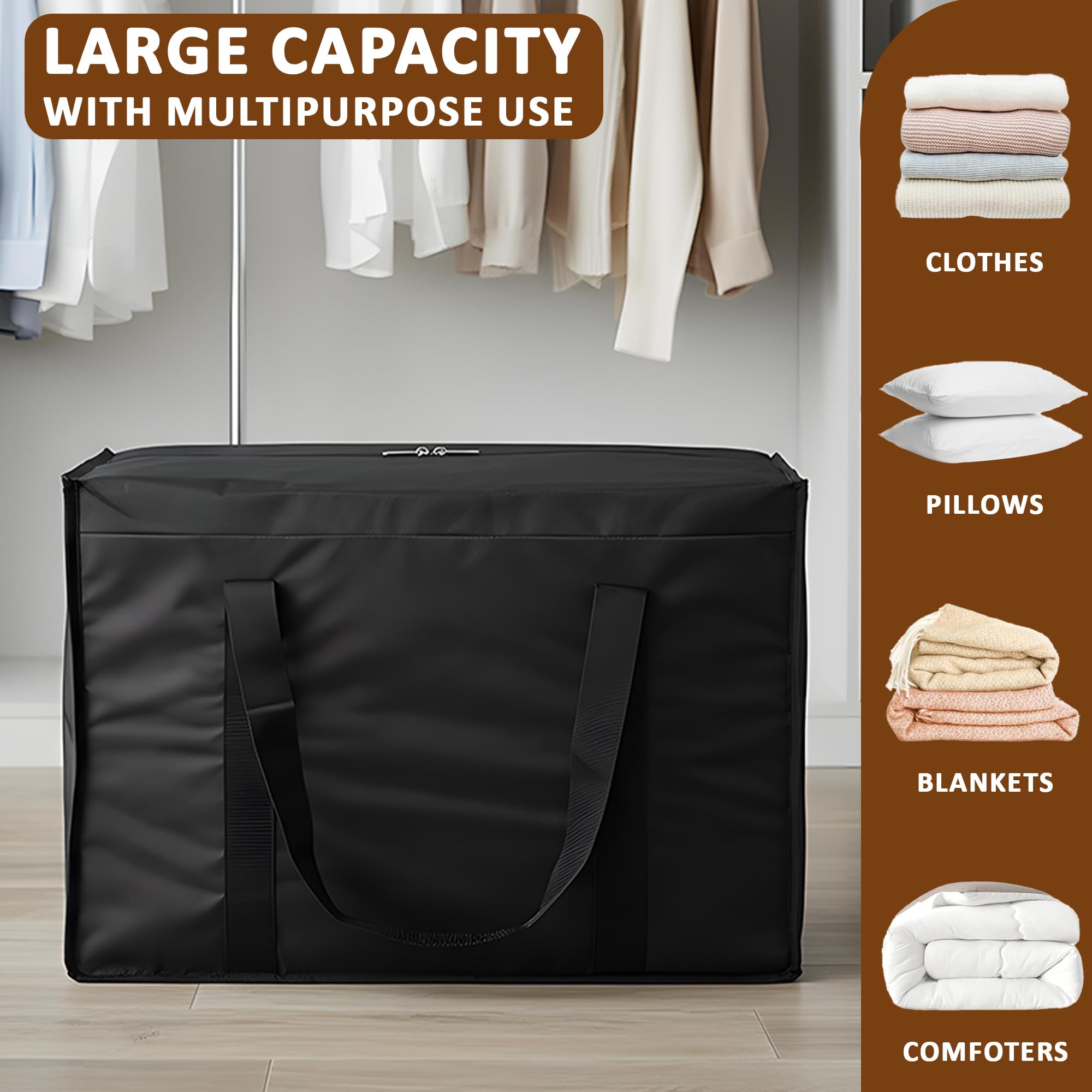 Nylon Under Bed Organizer Storage Bag for Clothes Toys and Stationery  Foldable Garment Organizer for Wardrobe with Zipper  Handles  Closet Storage Bags  Black