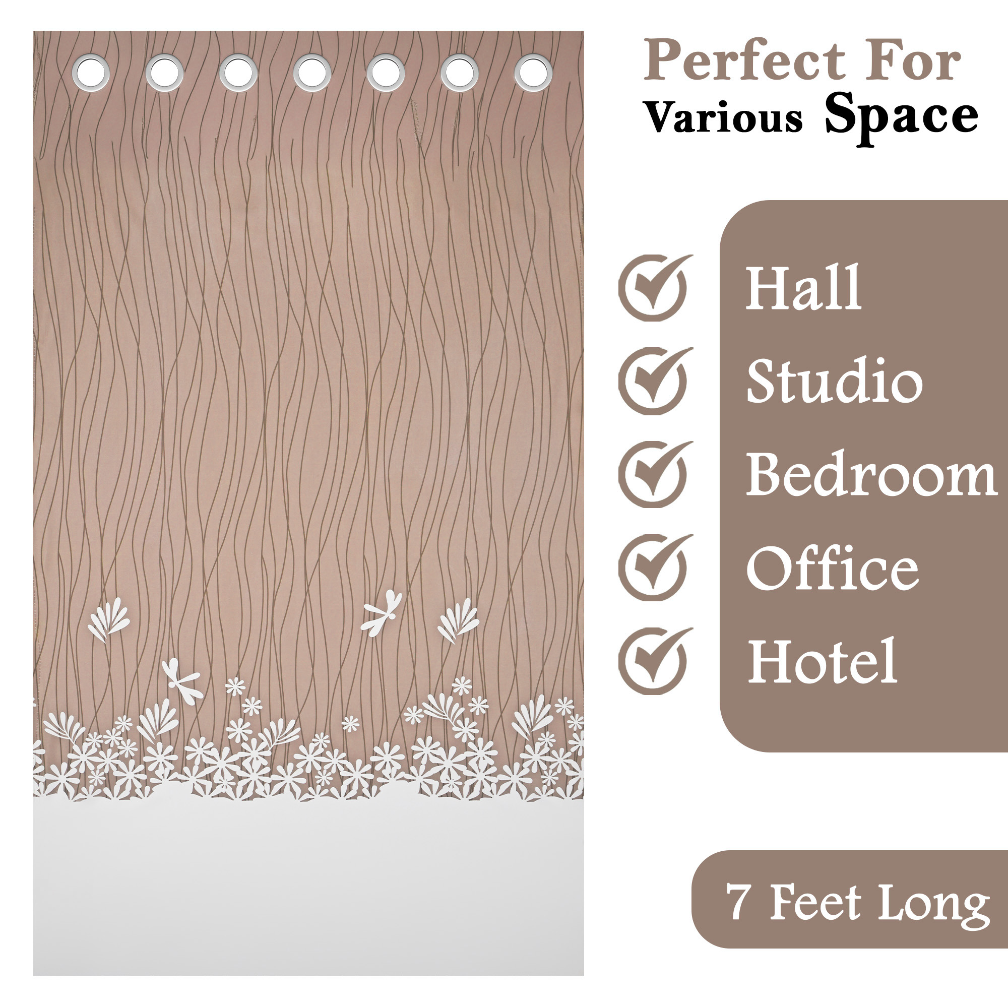 2 Pcs Polyester Door Curtains 7 Feet  Aesthetic Curtains for Bedroom and Living Room Decoration  Kitchen and Room Parda  Digital Lining - Cream Brown