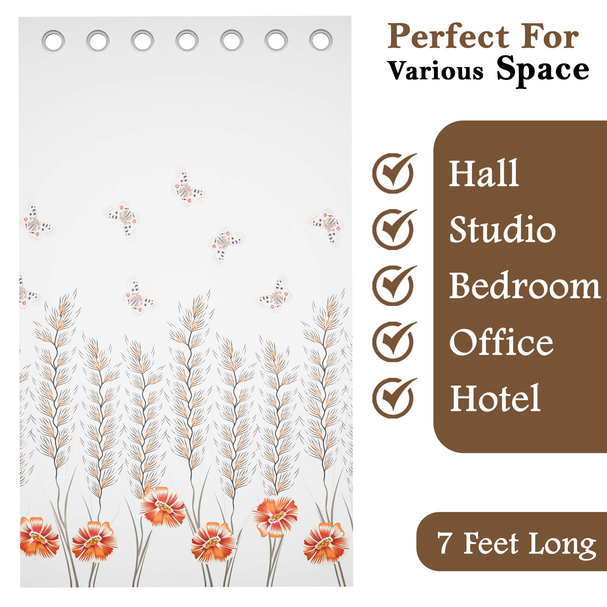 2 Pcs Polyester Door Curtains 7 Feet  Aesthetic Curtains for Bedroom and Living Room Decoration  Kitchen and Room Parda  Digital Butterfly - White